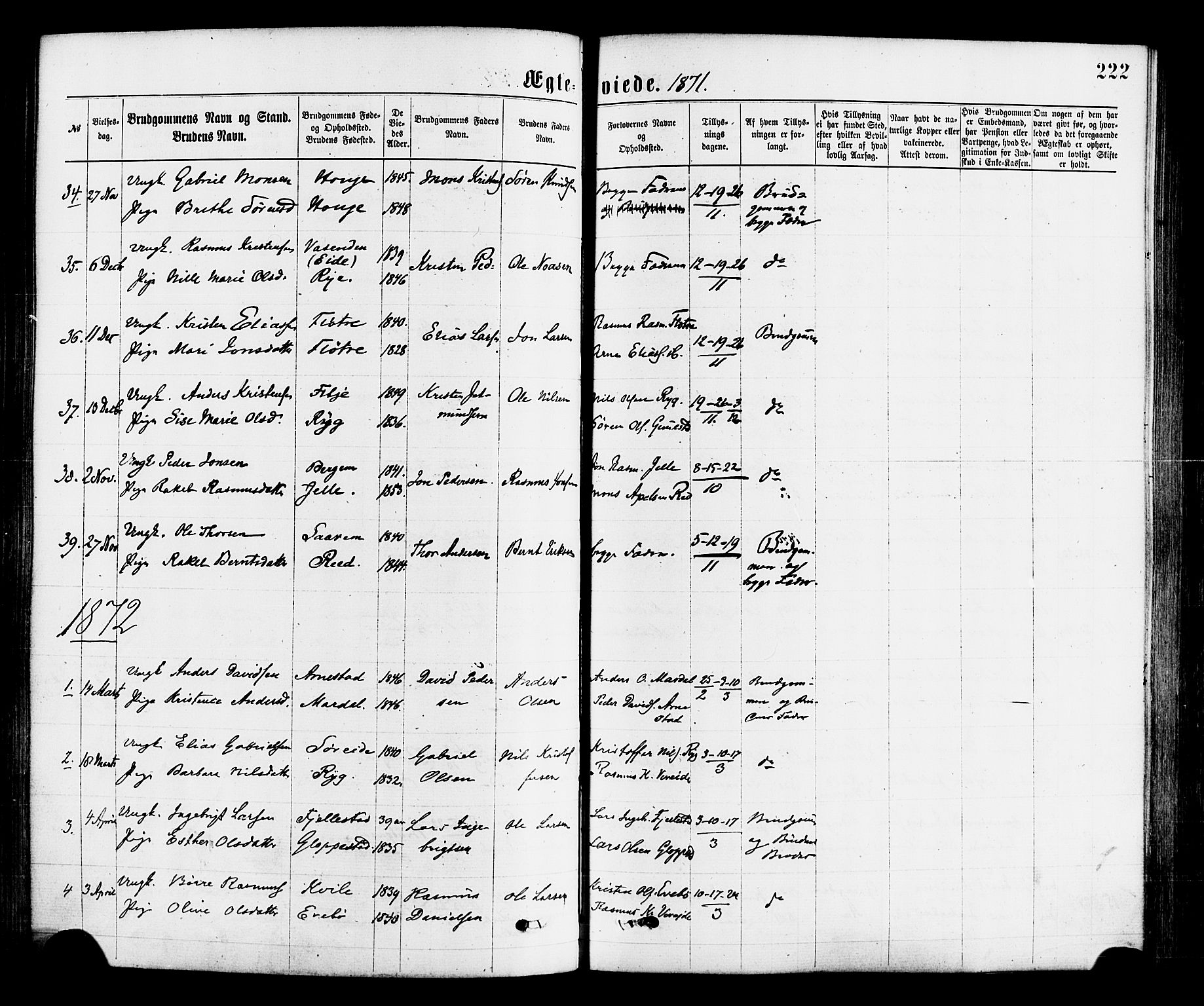 Gloppen sokneprestembete, SAB/A-80101/H/Haa/Haaa/L0010: Parish register (official) no. A 10, 1871-1884, p. 222
