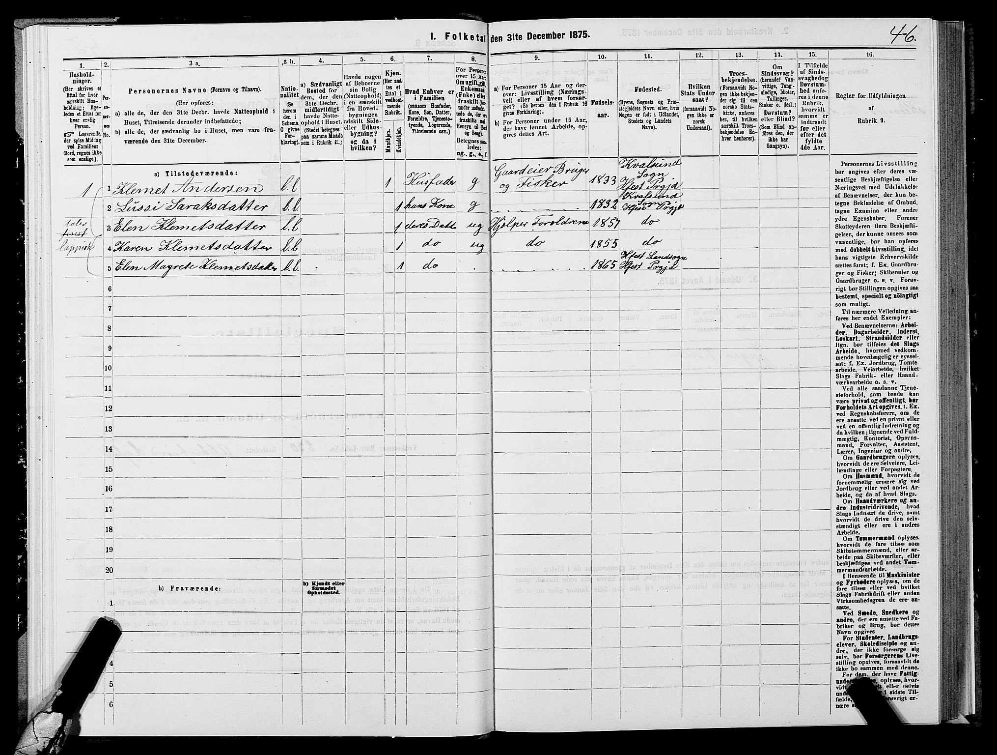 SATØ, 1875 census for 2016L Hammerfest/Hammerfest og Kvalsund, 1875, p. 1046