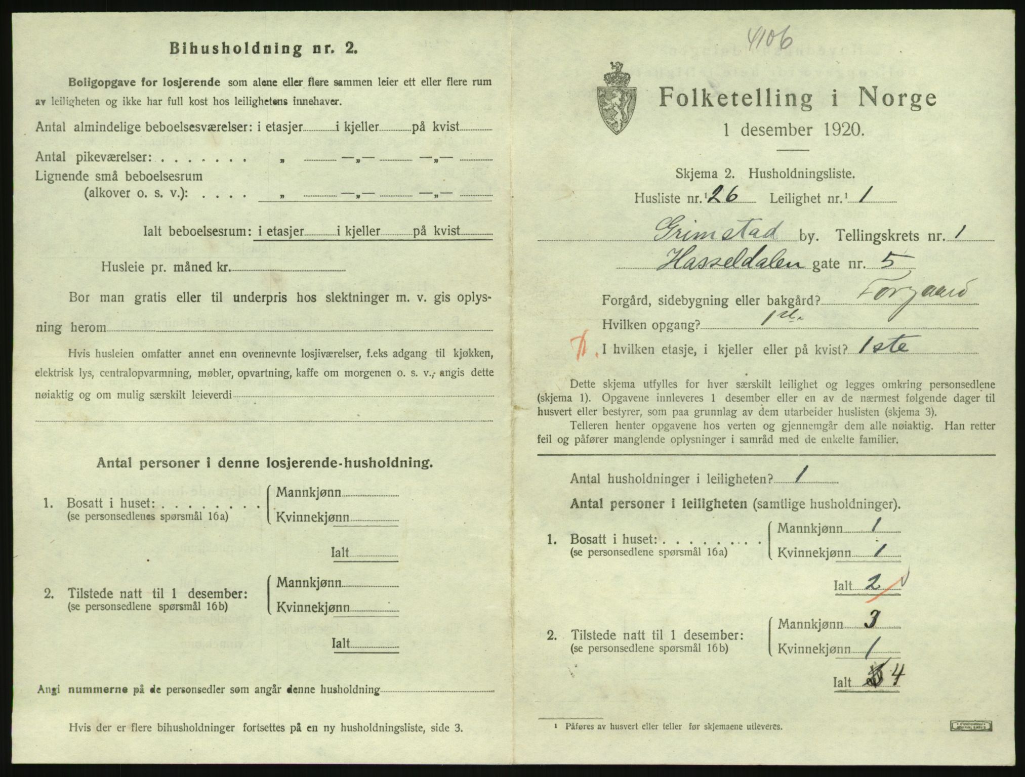 SAK, 1920 census for Grimstad, 1920, p. 1049