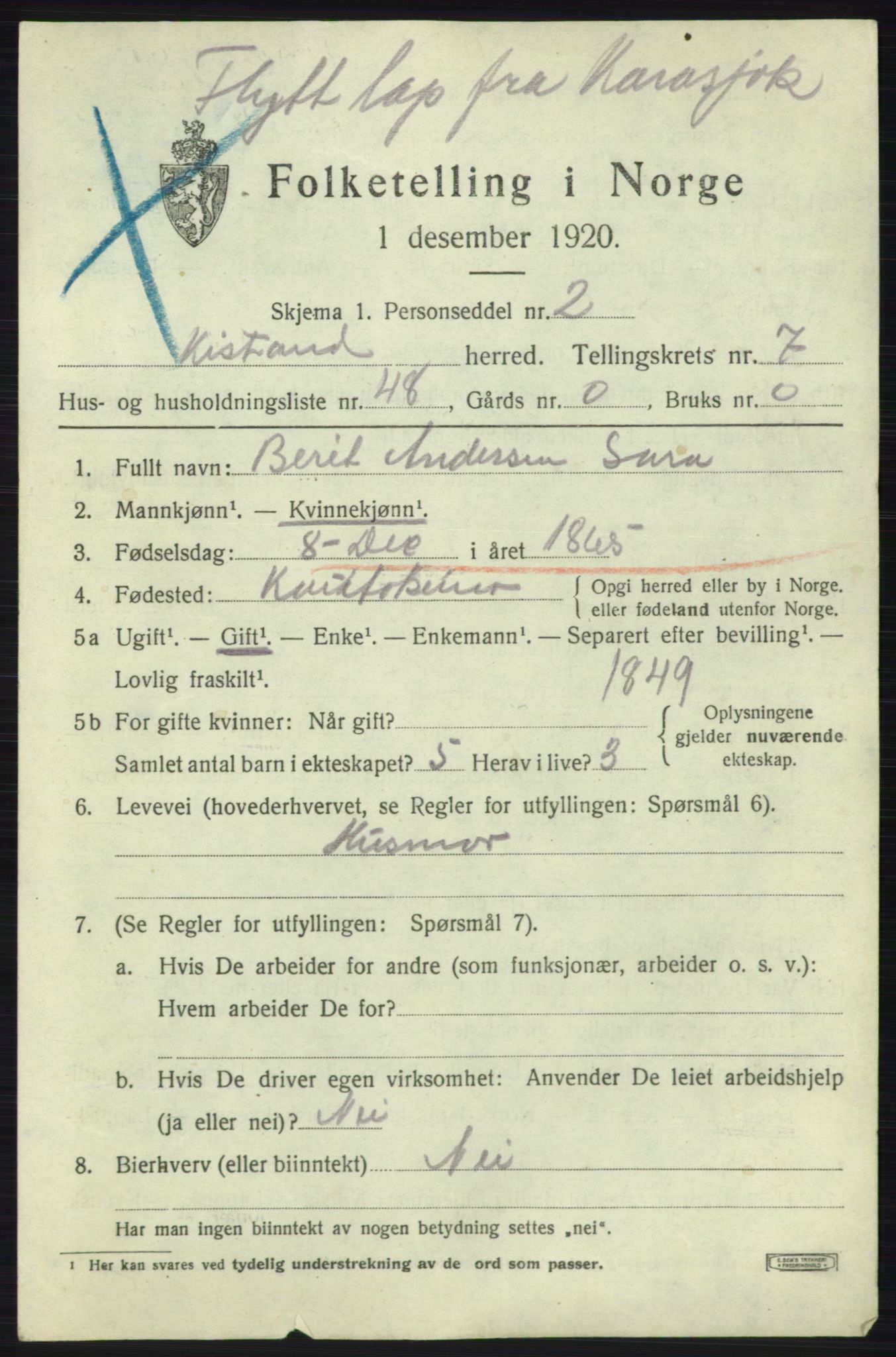 SATØ, 1920 census for Kistrand, 1920, p. 4740