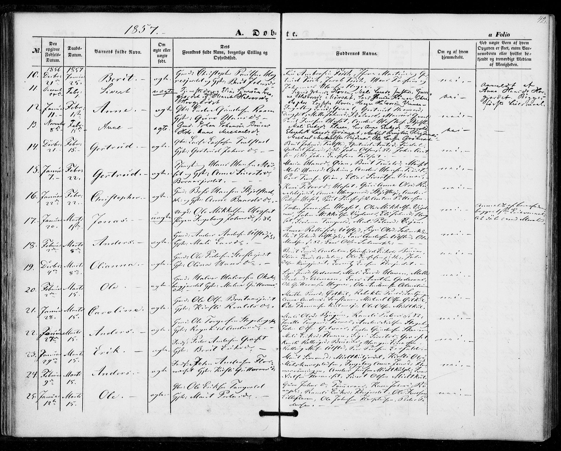 Ministerialprotokoller, klokkerbøker og fødselsregistre - Nord-Trøndelag, SAT/A-1458/703/L0028: Parish register (official) no. 703A01, 1850-1862, p. 42