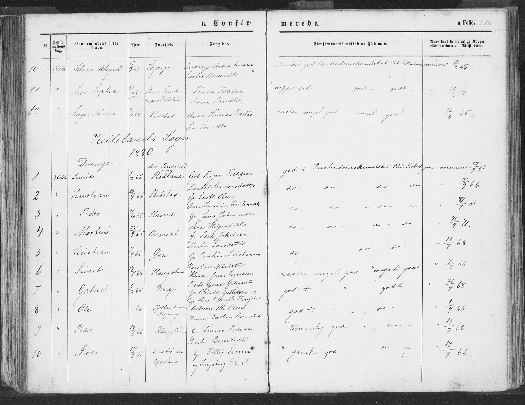 Helleland sokneprestkontor, AV/SAST-A-101810: Parish register (official) no. A 7.1, 1863-1886, p. 212