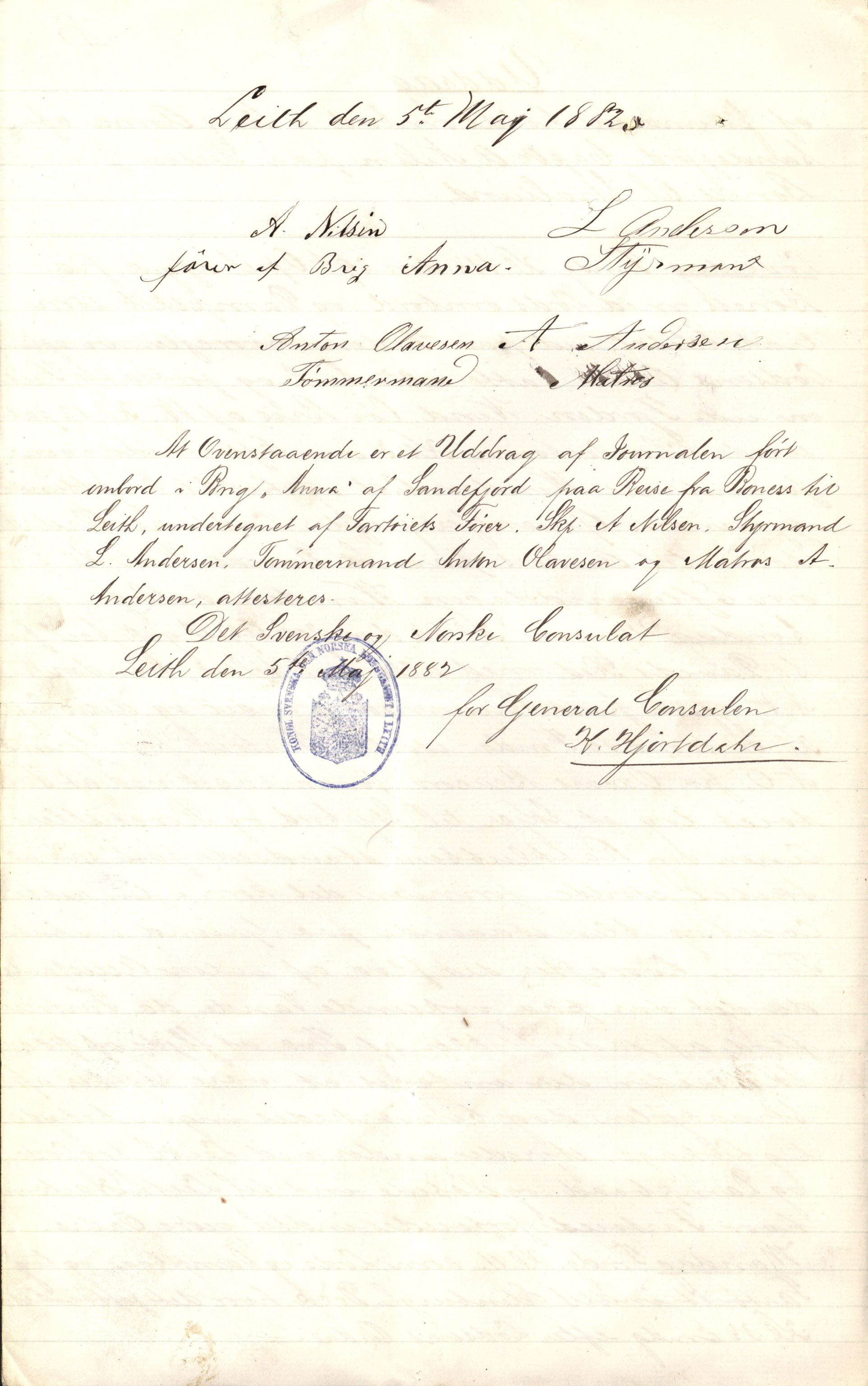 Pa 63 - Østlandske skibsassuranceforening, VEMU/A-1079/G/Ga/L0014/0012: Havaridokumenter / Sophie, Andover, Alliance, Anna, 1882, p. 27