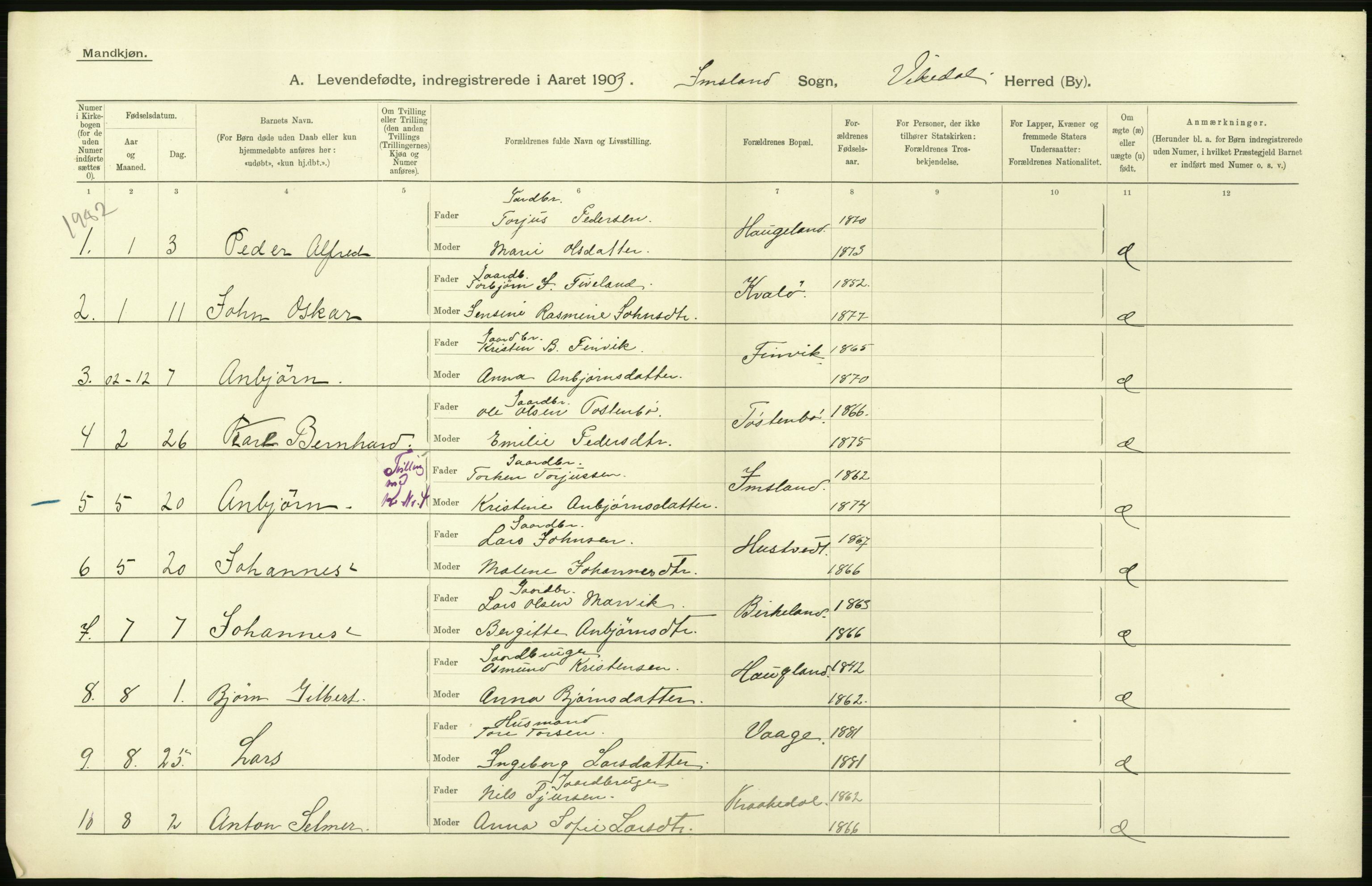 Statistisk sentralbyrå, Sosiodemografiske emner, Befolkning, AV/RA-S-2228/D/Df/Dfa/Dfaa/L0012: Stavanger amt: Fødte, gifte, døde, 1903, p. 294