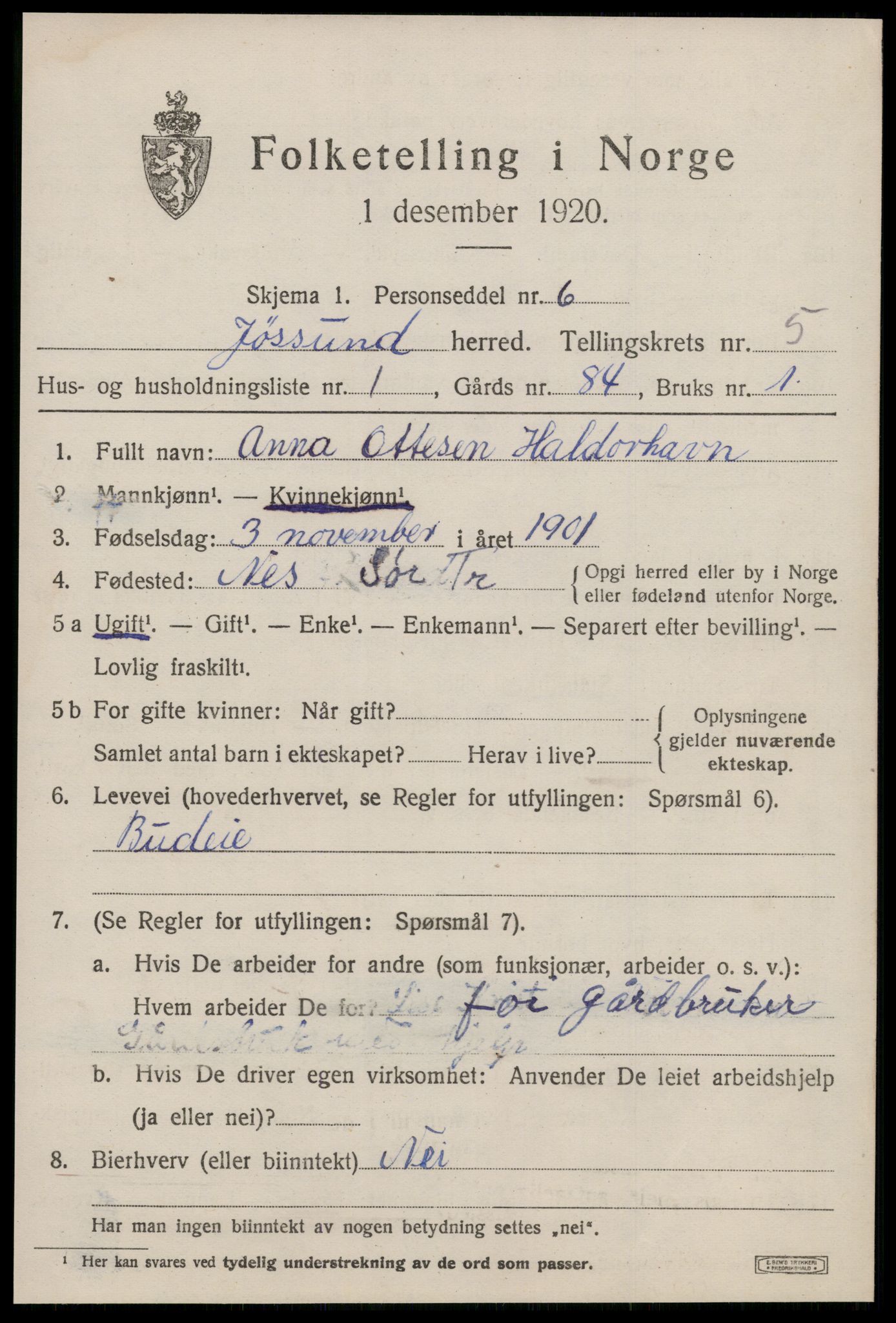 SAT, 1920 census for Jøssund, 1920, p. 3958