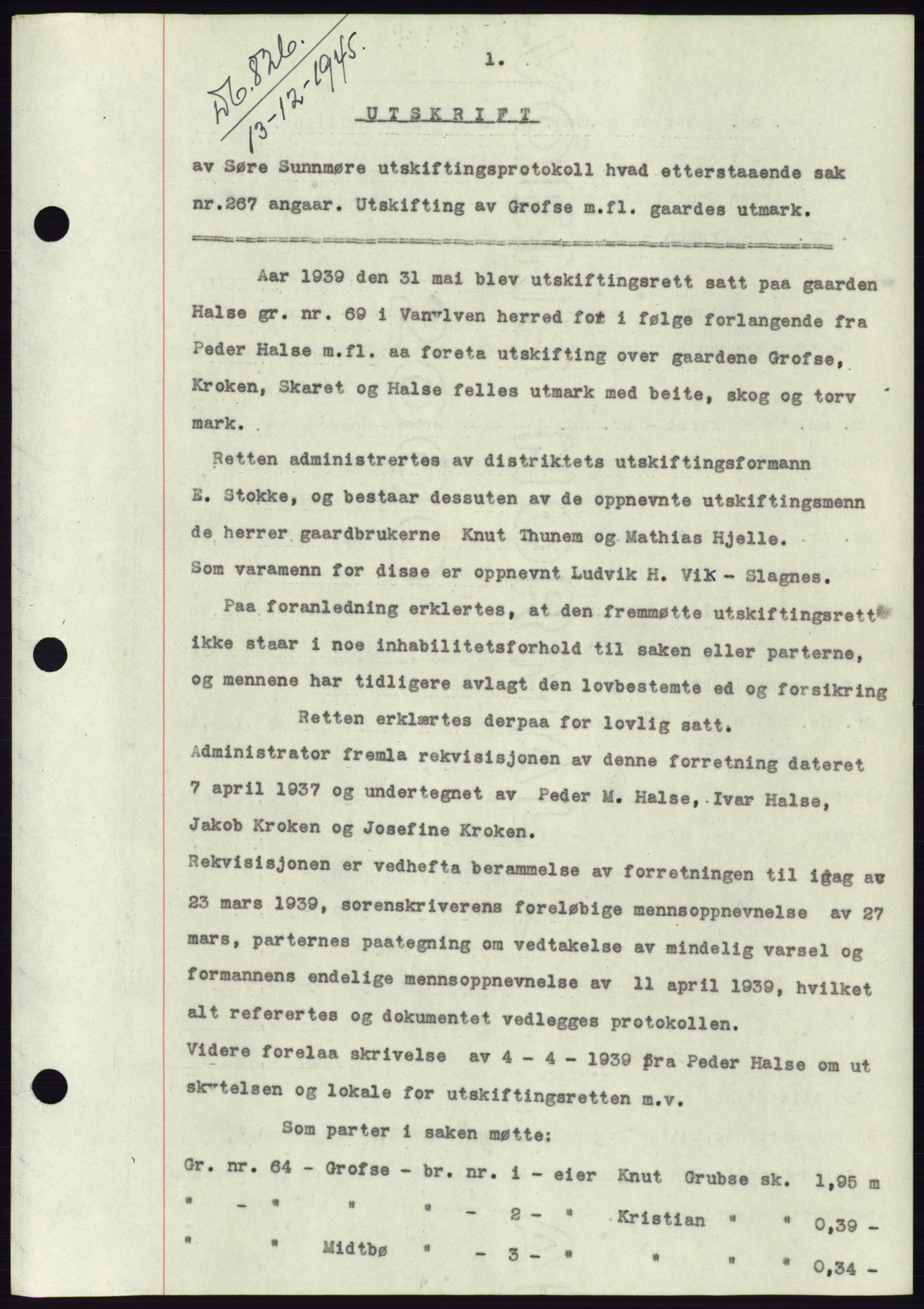 Søre Sunnmøre sorenskriveri, AV/SAT-A-4122/1/2/2C/L0077: Mortgage book no. 3A, 1945-1946, Diary no: : 826/1945