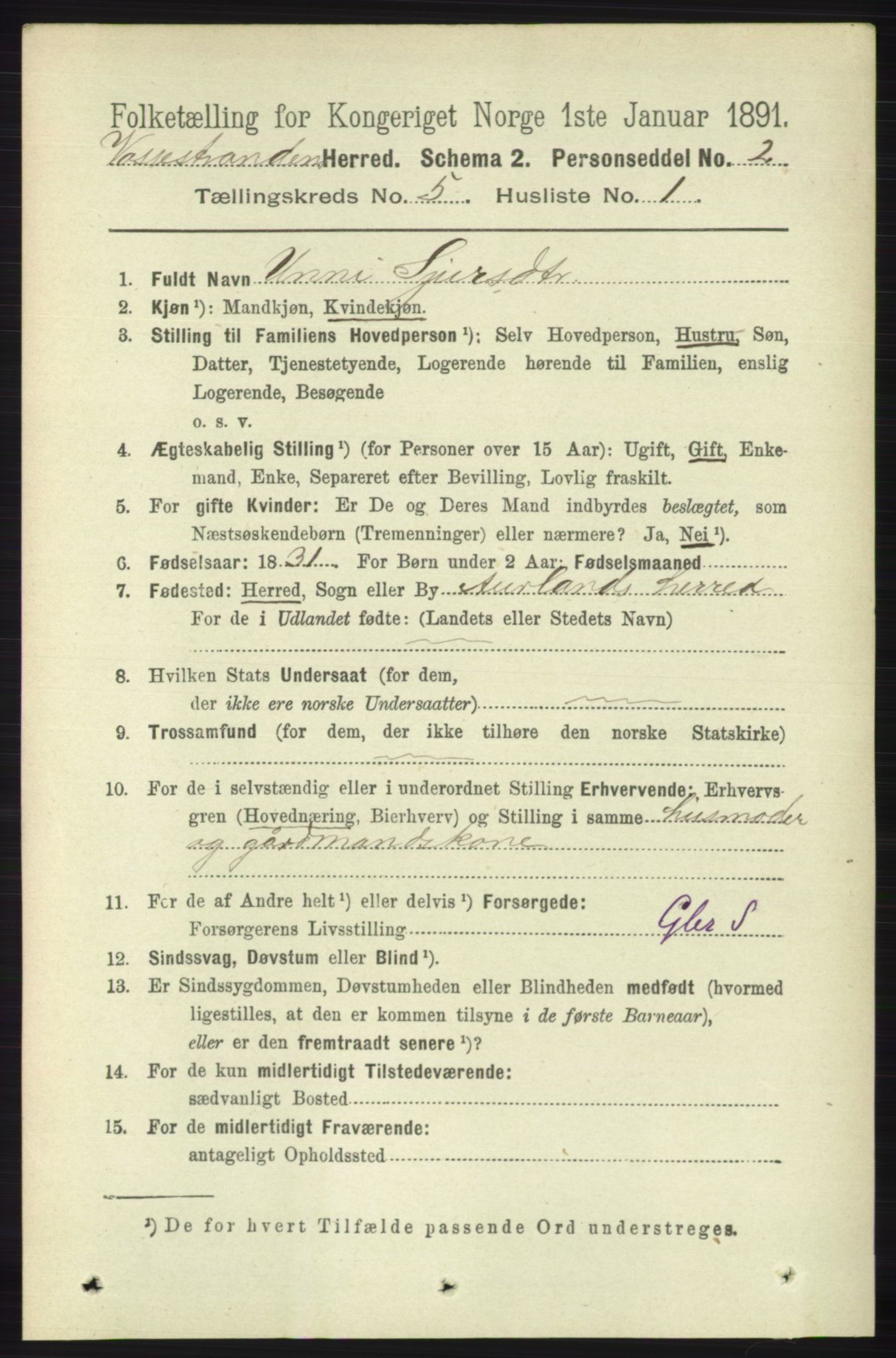 RA, 1891 census for 1236 Vossestrand, 1891, p. 1897