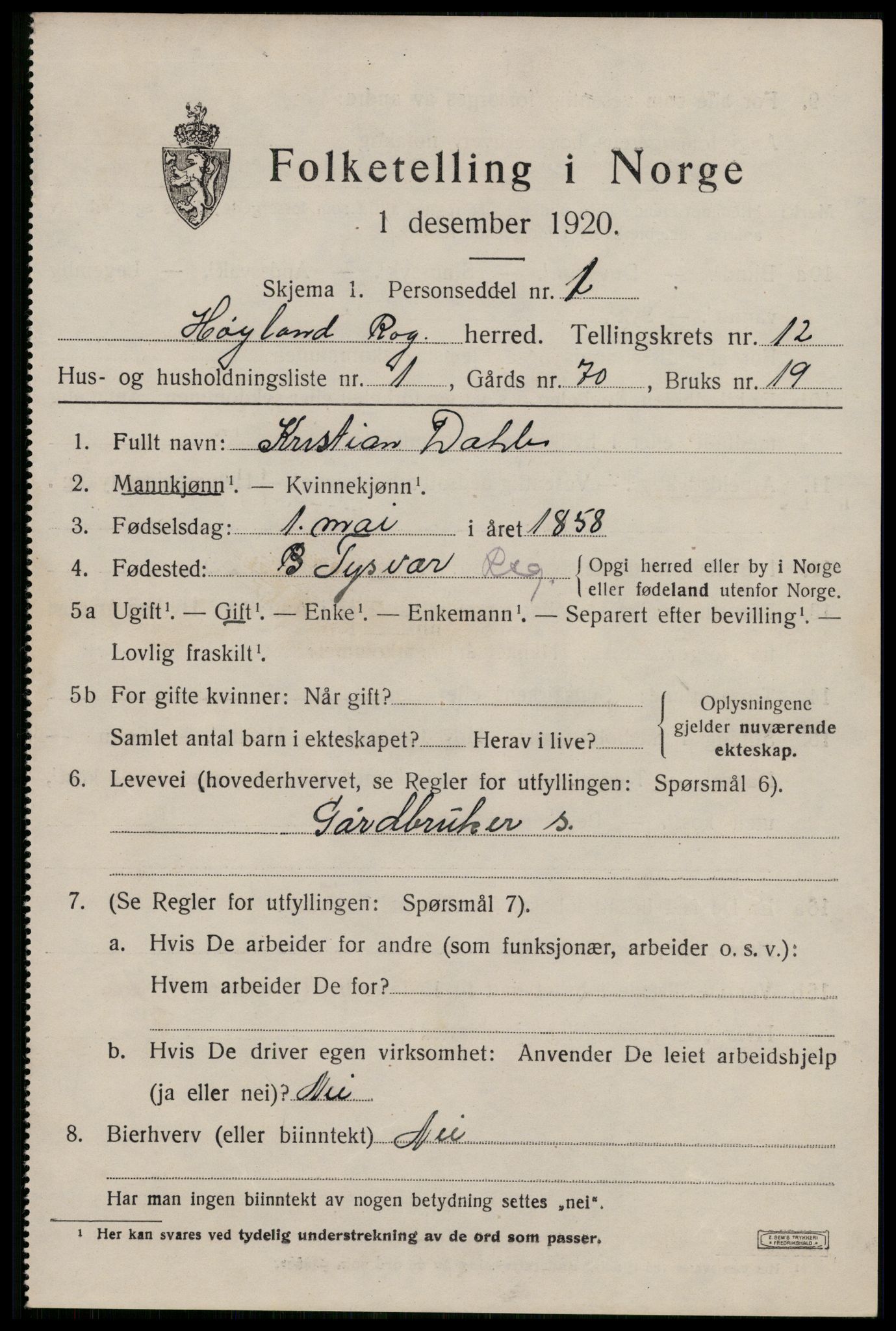 SAST, 1920 census for Høyland, 1920, p. 9314