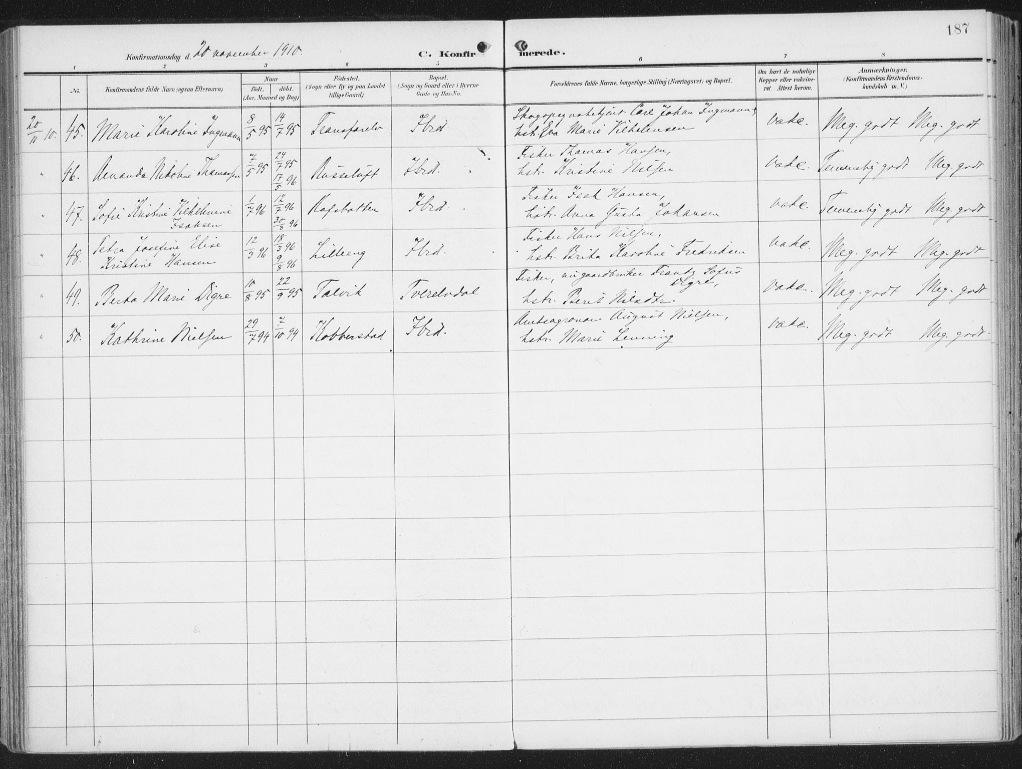 Alta sokneprestkontor, SATØ/S-1338/H/Ha/L0005.kirke: Parish register (official) no. 5, 1904-1918, p. 187