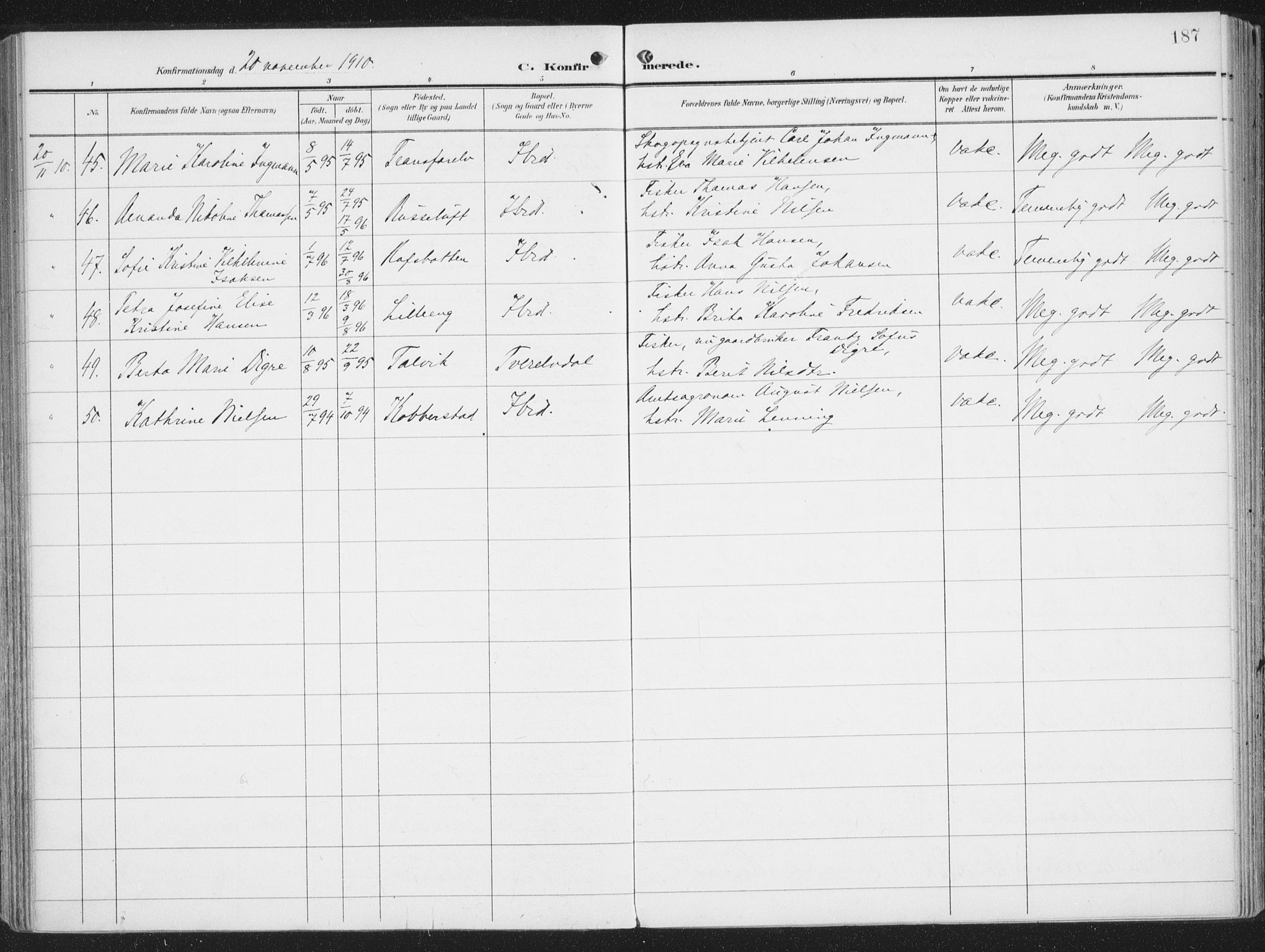 Alta sokneprestkontor, AV/SATØ-S-1338/H/Ha/L0005.kirke: Parish register (official) no. 5, 1904-1918, p. 187