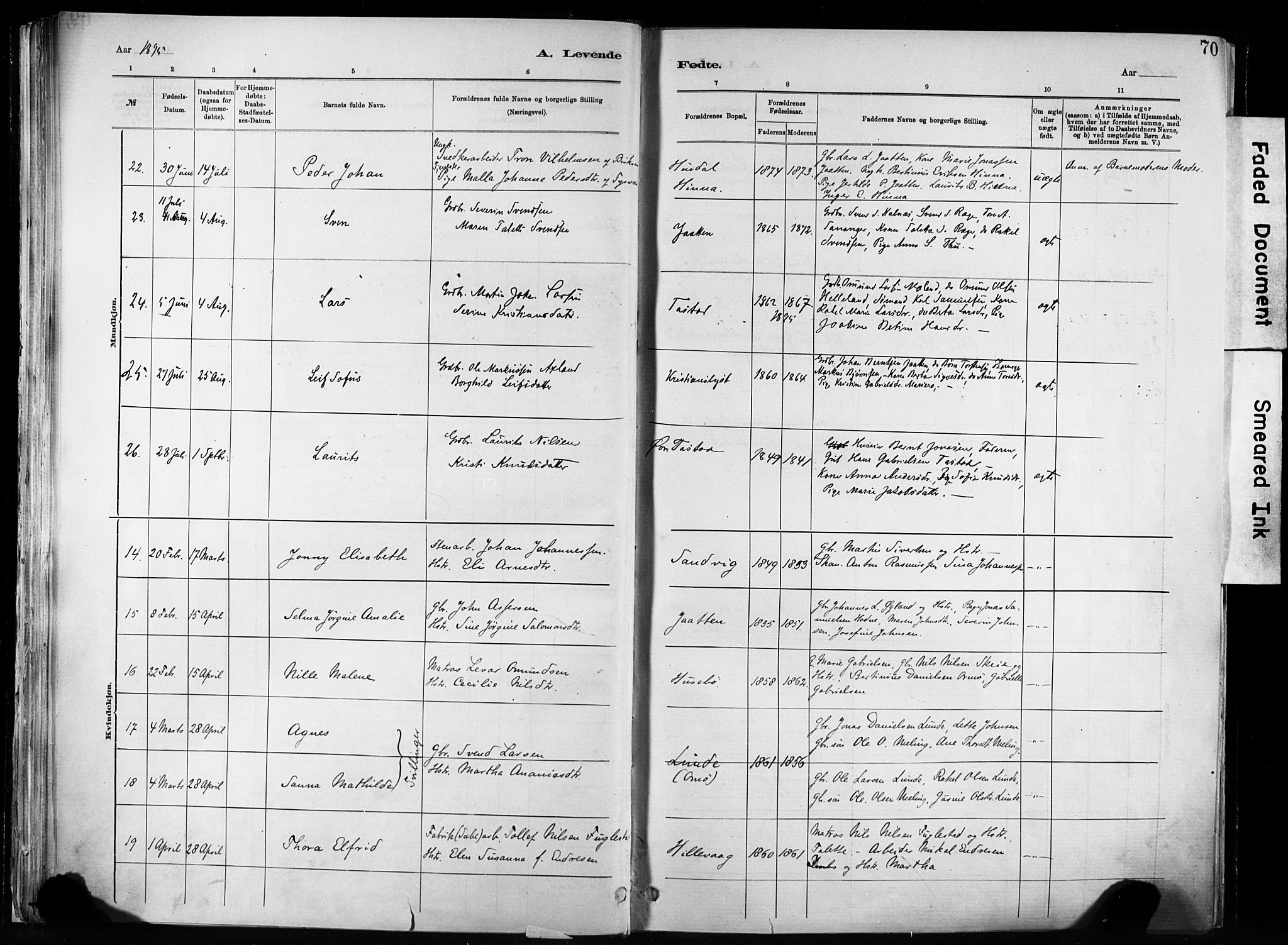 Hetland sokneprestkontor, AV/SAST-A-101826/30/30BA/L0011: Parish register (official) no. A 11, 1884-1911, p. 70