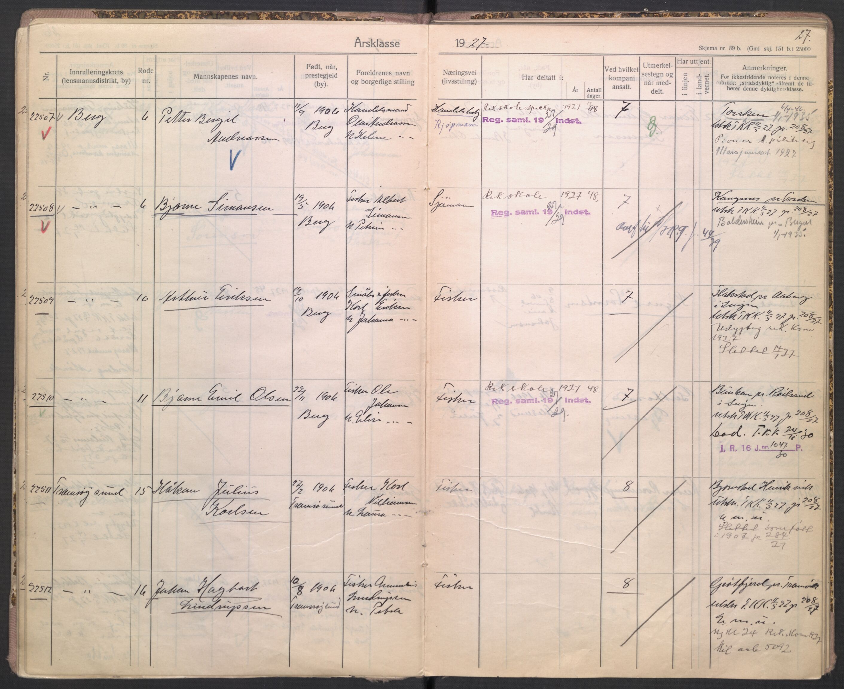 Forsvaret, Troms infanteriregiment nr. 16, AV/RA-RAFA-3146/P/Pa/L0004/0004: Ruller / Rulle for Bardu bataljons menige mannskaper, årsklasse 1927, 1927, p. 27