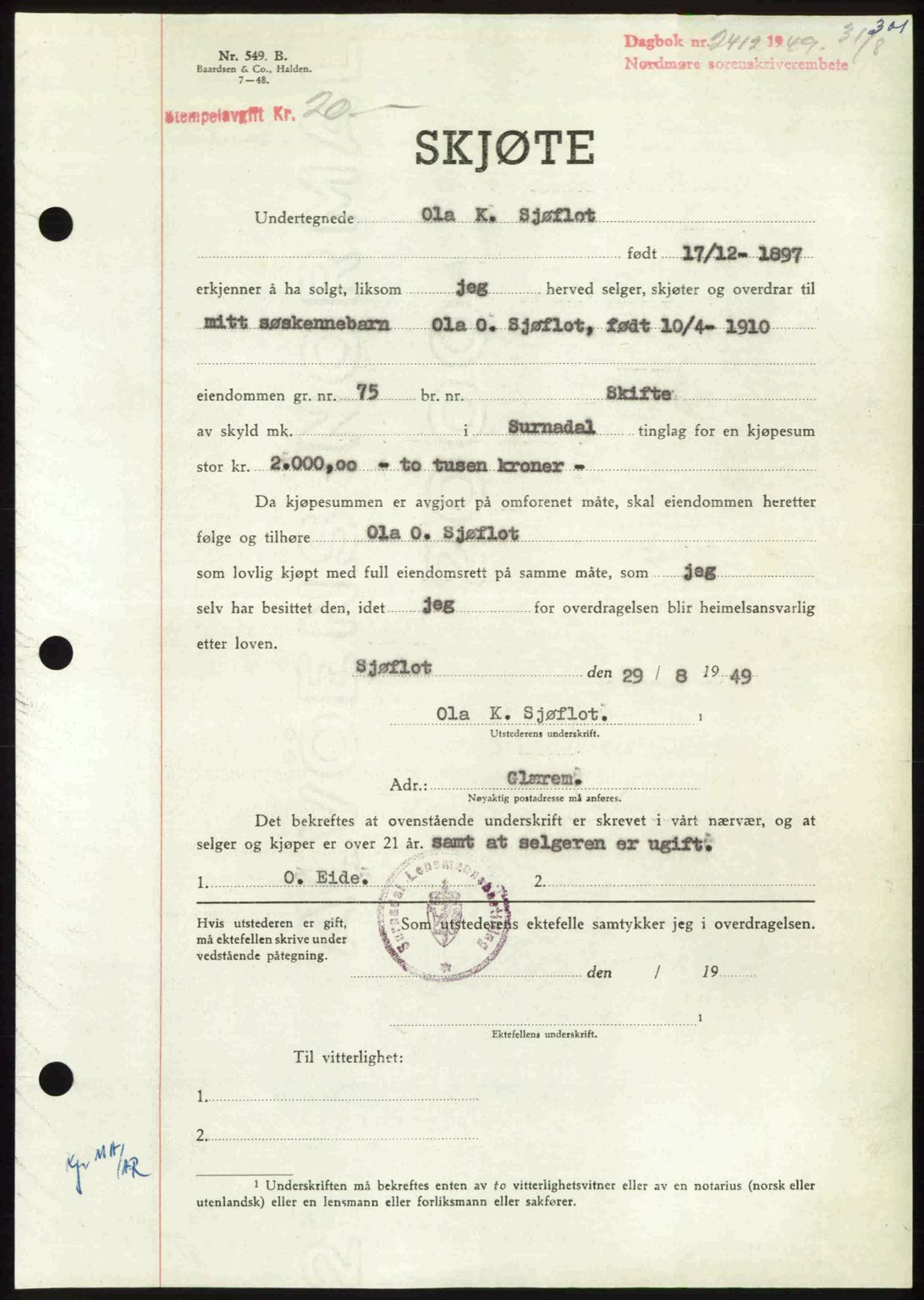 Nordmøre sorenskriveri, AV/SAT-A-4132/1/2/2Ca: Mortgage book no. A112, 1949-1949, Diary no: : 2412/1949