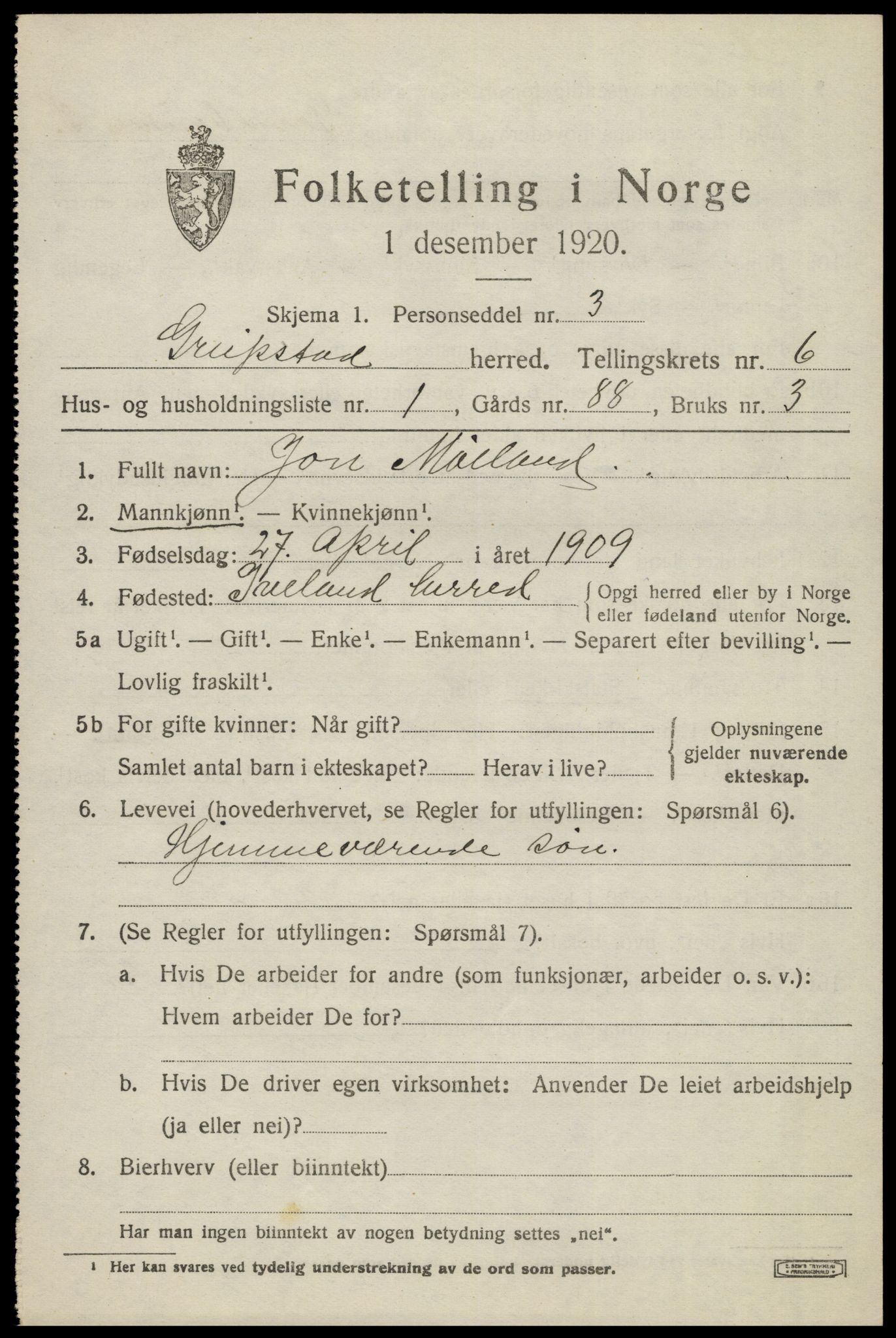 SAK, 1920 census for Greipstad, 1920, p. 1876