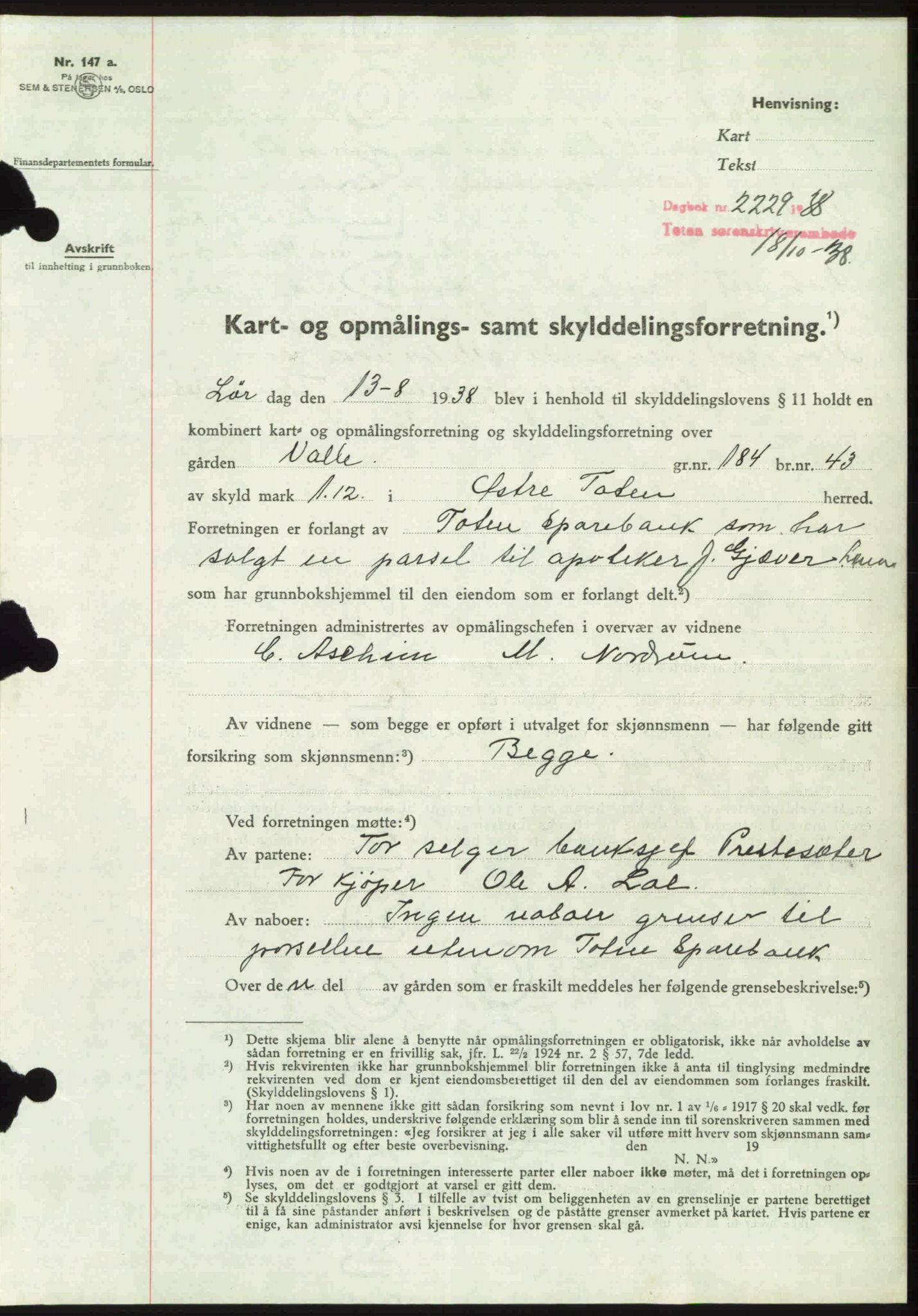 Toten tingrett, SAH/TING-006/H/Hb/Hbc/L0004: Mortgage book no. Hbc-04, 1938-1938, Diary no: : 2229/1938
