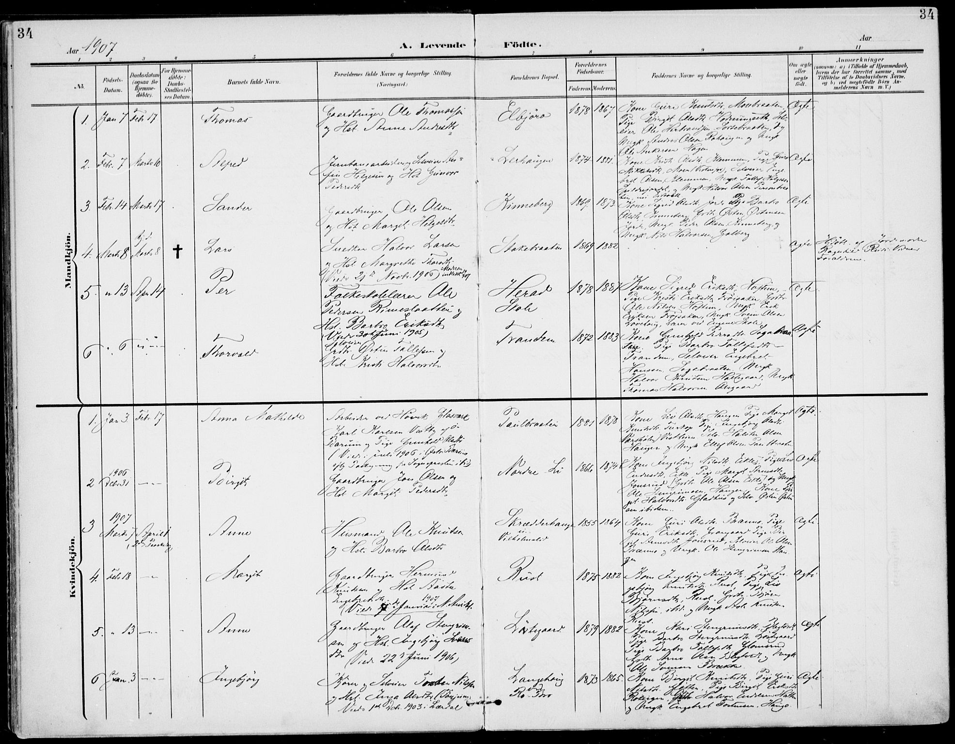 Gol kirkebøker, SAKO/A-226/F/Fa/L0006: Parish register (official) no. I 6, 1901-1918, p. 34