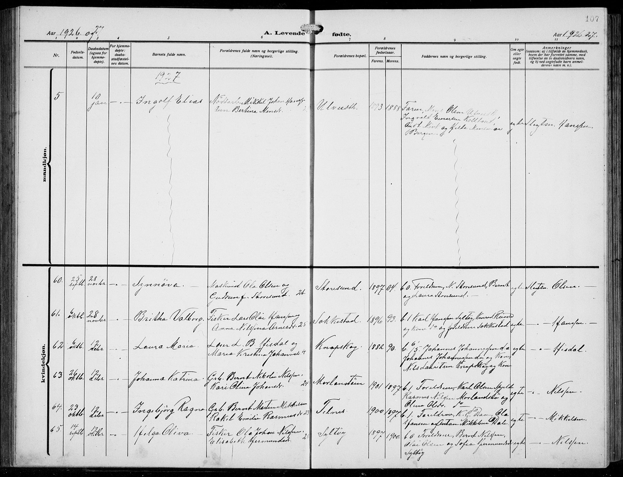 Fjell sokneprestembete, AV/SAB-A-75301/H/Hab: Parish register (copy) no. A  6, 1918-1936, p. 107