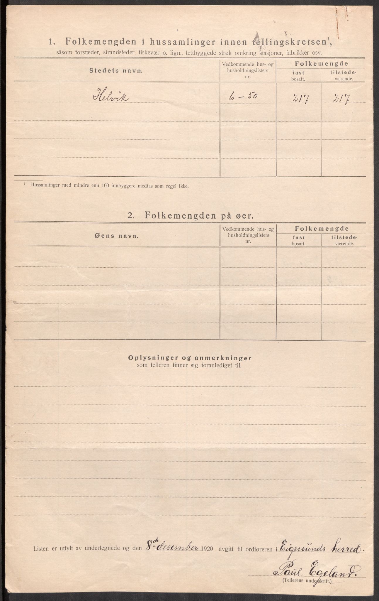 SAST, 1920 census for Eigersund, 1920, p. 36