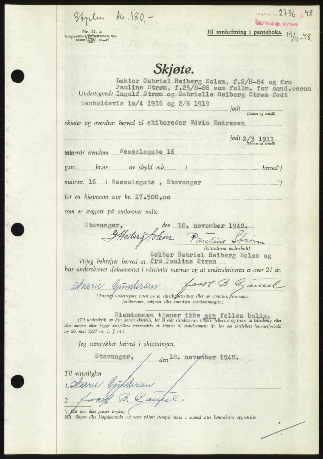 Stavanger byrett, SAST/A-100455/002/G/Gb/L0023: Mortgage book no. A12, 1948-1949, Diary no: : 2736/1948