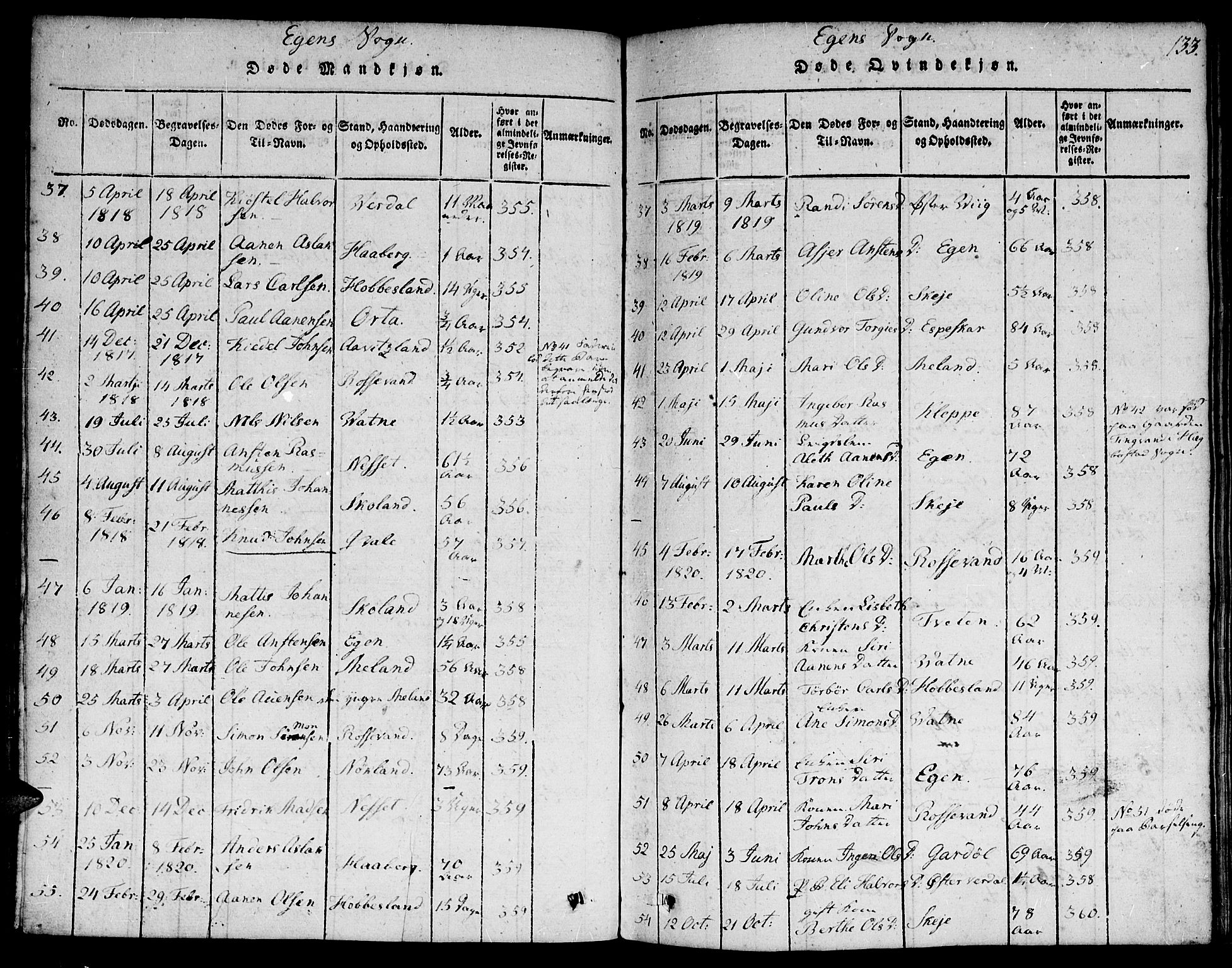 Hægebostad sokneprestkontor, AV/SAK-1111-0024/F/Fa/Faa/L0002: Parish register (official) no. A 2 /2, 1816-1824, p. 133