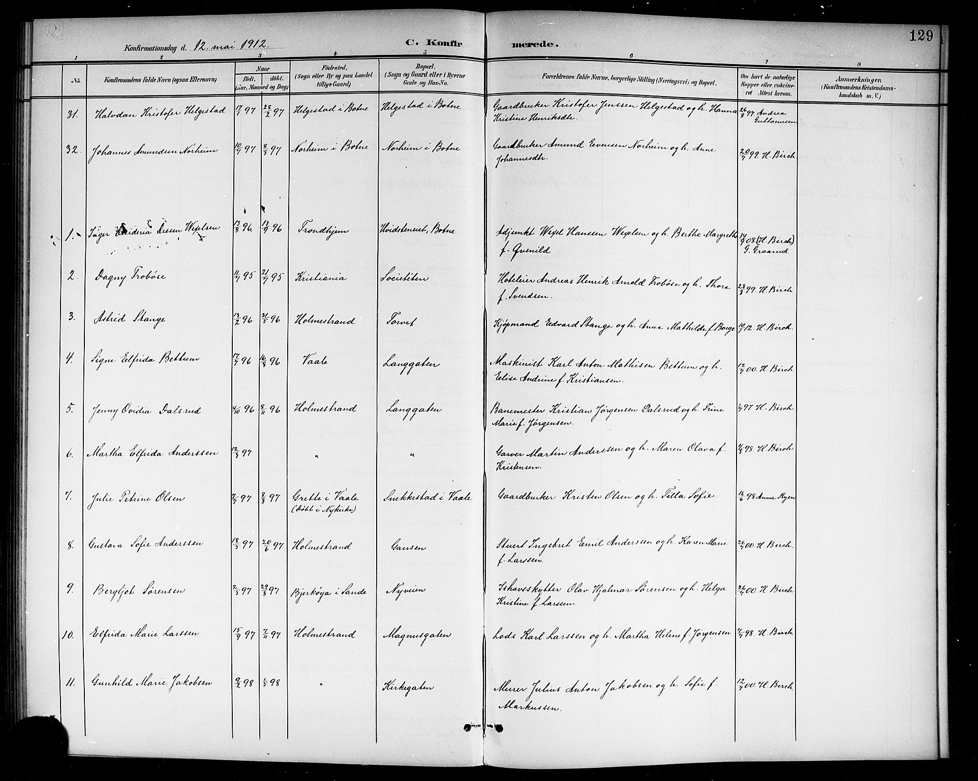 Holmestrand kirkebøker, AV/SAKO-A-346/G/Ga/L0006: Parish register (copy) no. 6, 1901-1923, p. 129