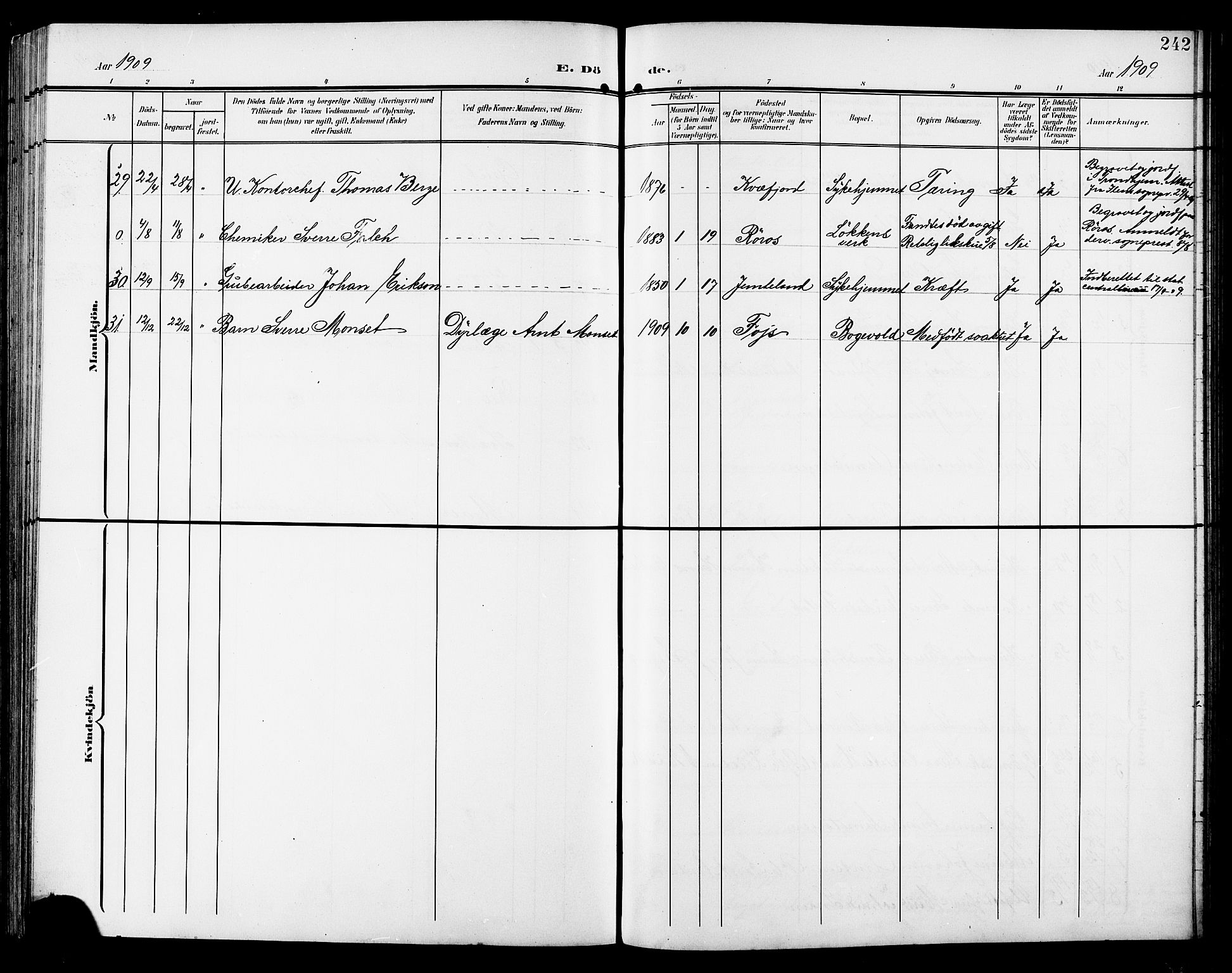 Ministerialprotokoller, klokkerbøker og fødselsregistre - Sør-Trøndelag, SAT/A-1456/672/L0864: Parish register (copy) no. 672C03, 1902-1914, p. 242