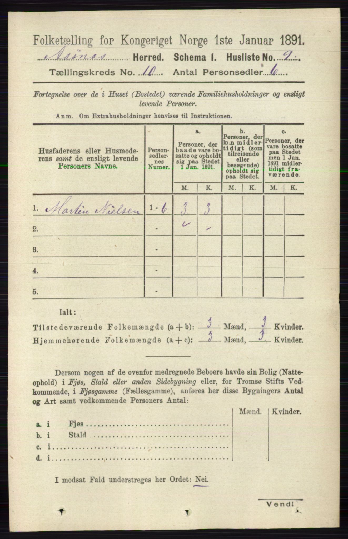 RA, 1891 census for 0425 Åsnes, 1891, p. 4997