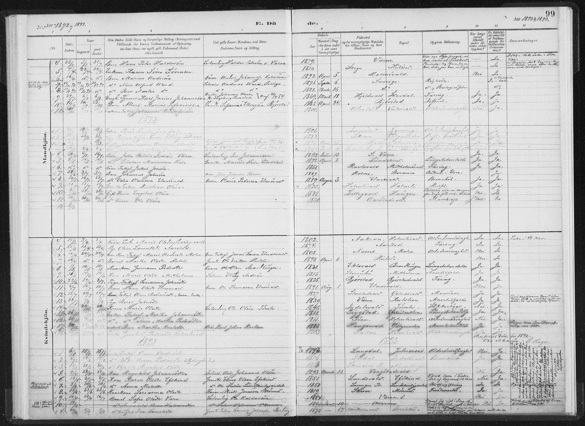 Ministerialprotokoller, klokkerbøker og fødselsregistre - Nord-Trøndelag, SAT/A-1458/724/L0263: Parish register (official) no. 724A01, 1891-1907, p. 99