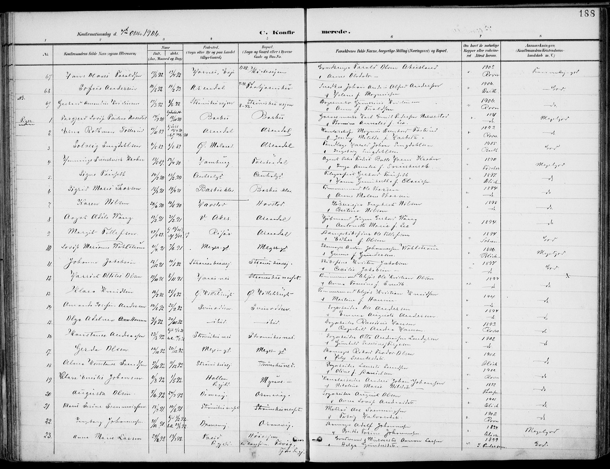 Barbu sokneprestkontor, AV/SAK-1111-0003/F/Fa/L0005: Parish register (official) no. A 5, 1899-1909, p. 188