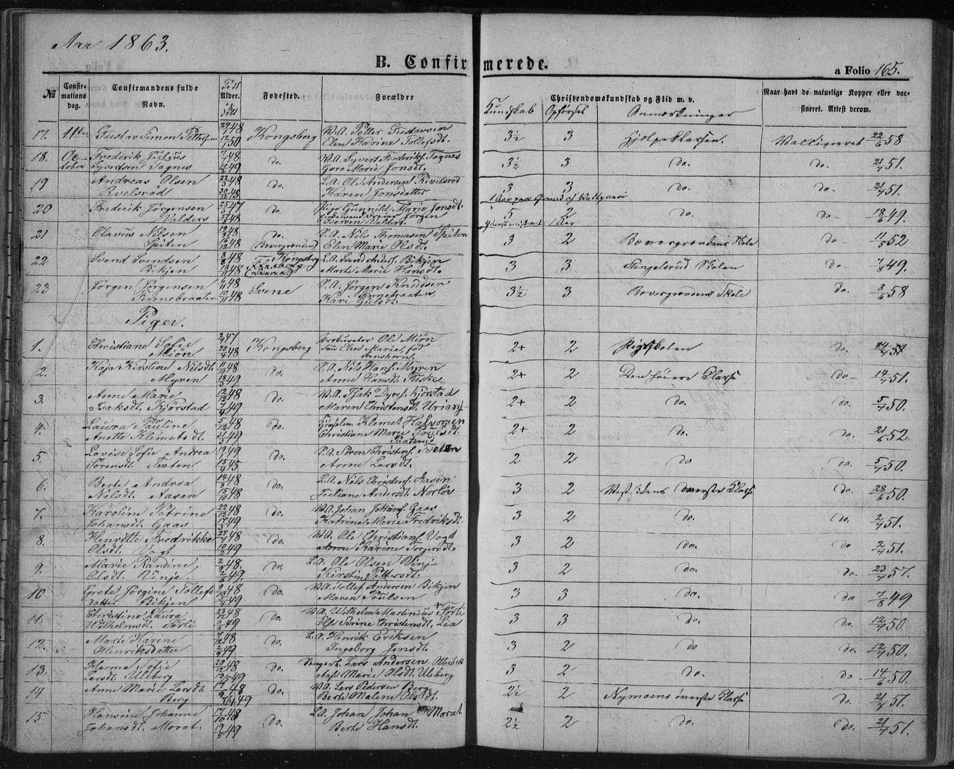 Kongsberg kirkebøker, SAKO/A-22/F/Fa/L0010: Parish register (official) no. I 10, 1859-1875, p. 165