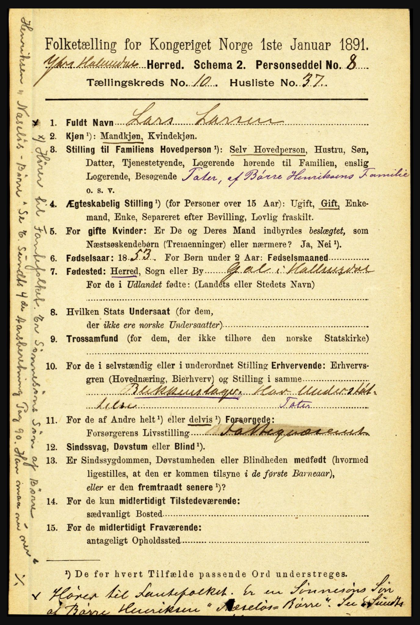 RA, 1891 census for 1429 Ytre Holmedal, 1891, p. 2531