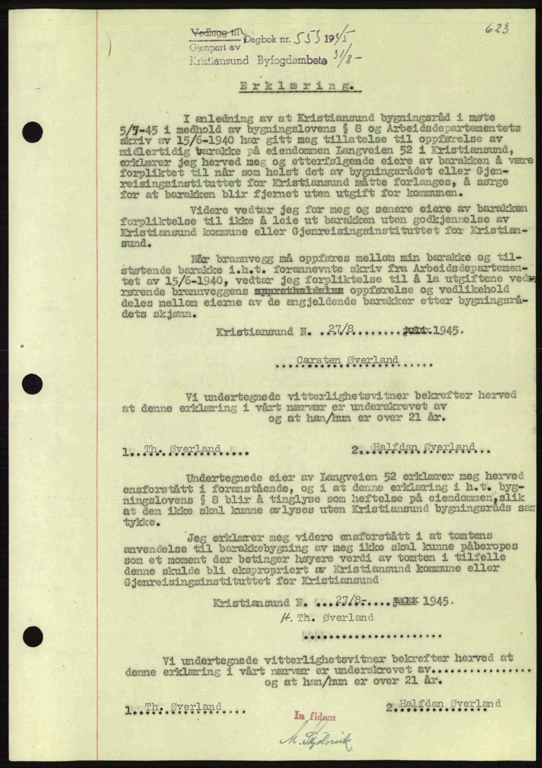 Kristiansund byfogd, SAT/A-4587/A/27: Mortgage book no. 37-38, 1943-1945, Diary no: : 555/1945