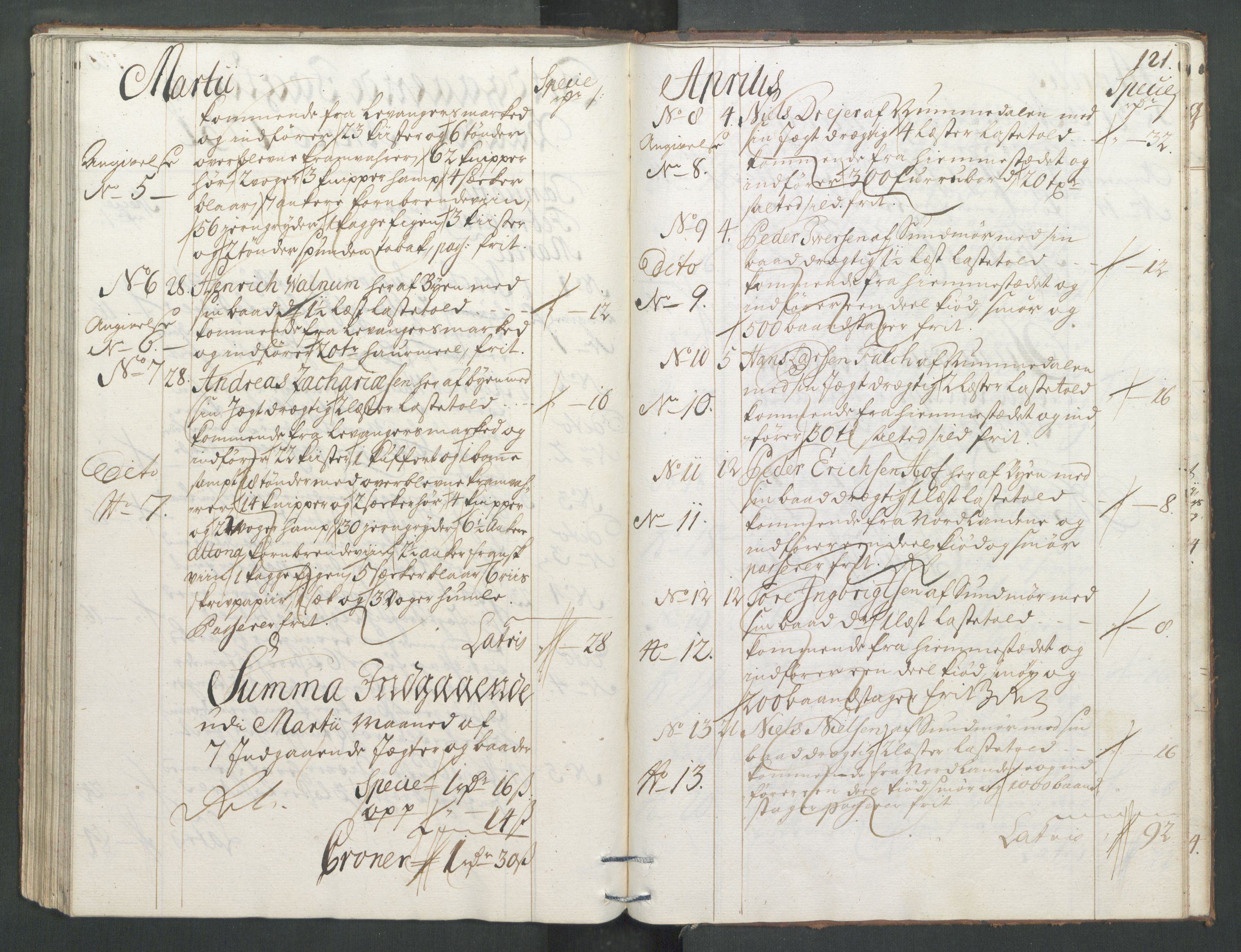 Generaltollkammeret, tollregnskaper, AV/RA-EA-5490/R33/L0013/0001: Tollregnskaper Trondheim A / Inngående tollbok, 1731, p. 120b-121a