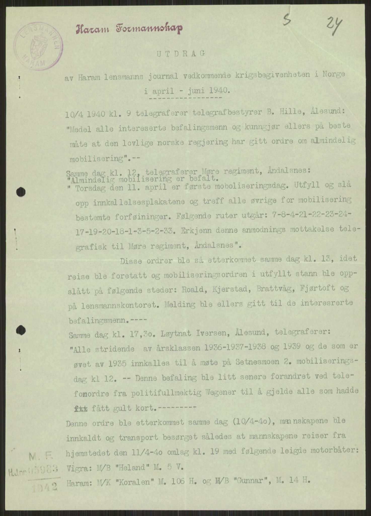 Forsvaret, Forsvarets krigshistoriske avdeling, AV/RA-RAFA-2017/Y/Ya/L0015: II-C-11-31 - Fylkesmenn.  Rapporter om krigsbegivenhetene 1940., 1940, p. 616