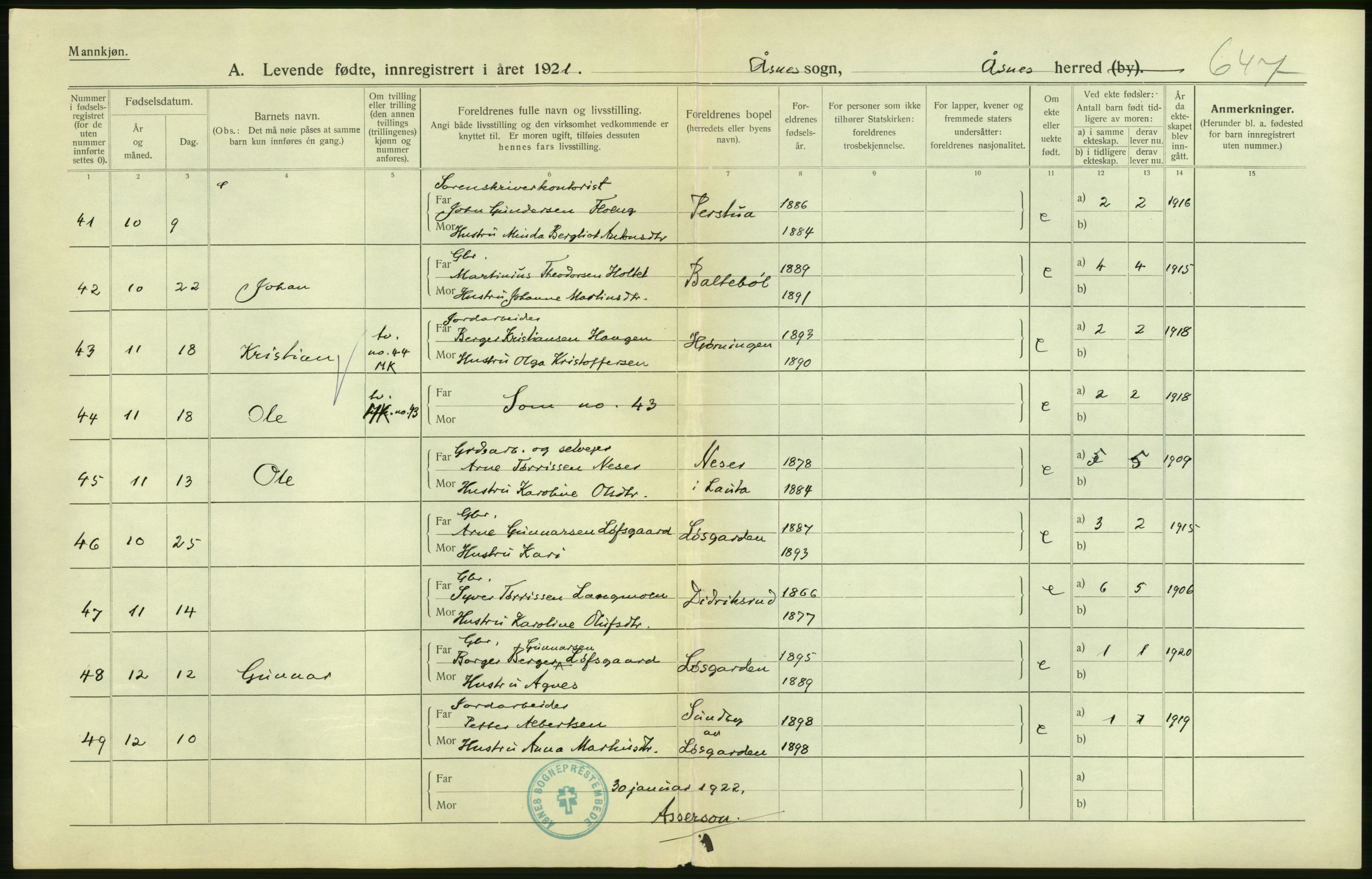 Statistisk sentralbyrå, Sosiodemografiske emner, Befolkning, AV/RA-S-2228/D/Df/Dfc/Dfca/L0014: Hedemark fylke: Levendefødte menn og kvinner. Bygder., 1921, p. 2