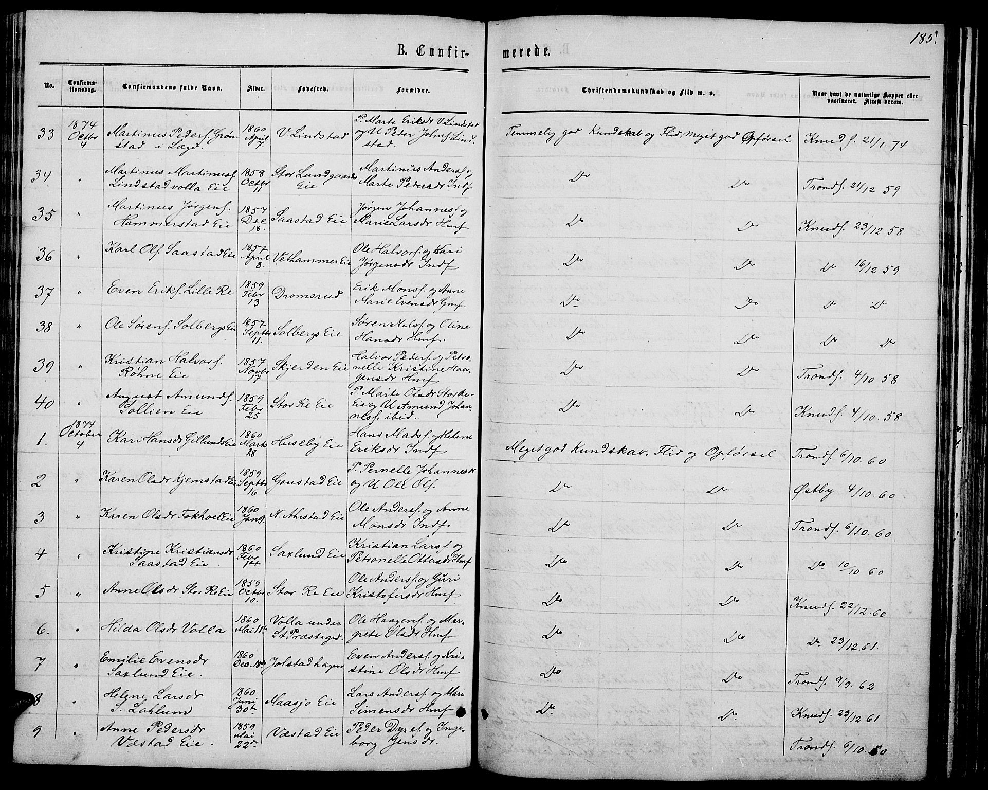 Stange prestekontor, AV/SAH-PREST-002/L/L0006: Parish register (copy) no. 6, 1864-1882, p. 185