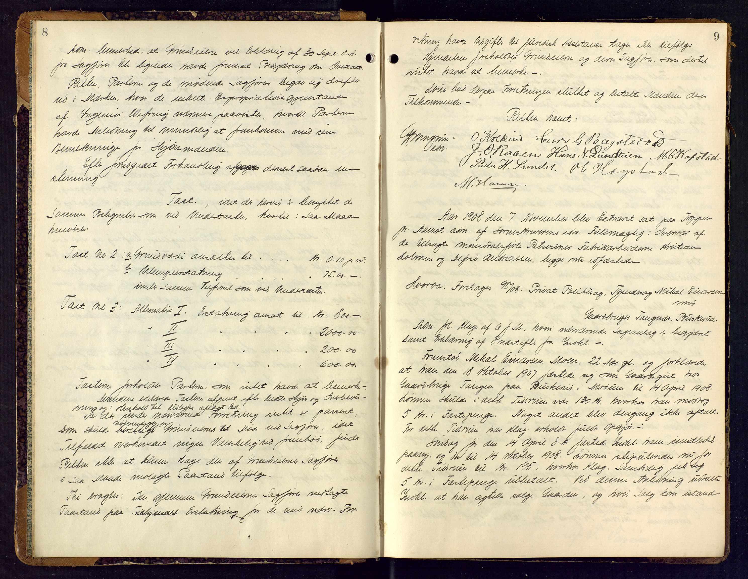 Eiker, Modum og Sigdal sorenskriveri, SAKO/A-123/F/Fc/L0028: Ekstrarettsprotokoll - sorenskriveriet, 1908-1910, p. 8-9