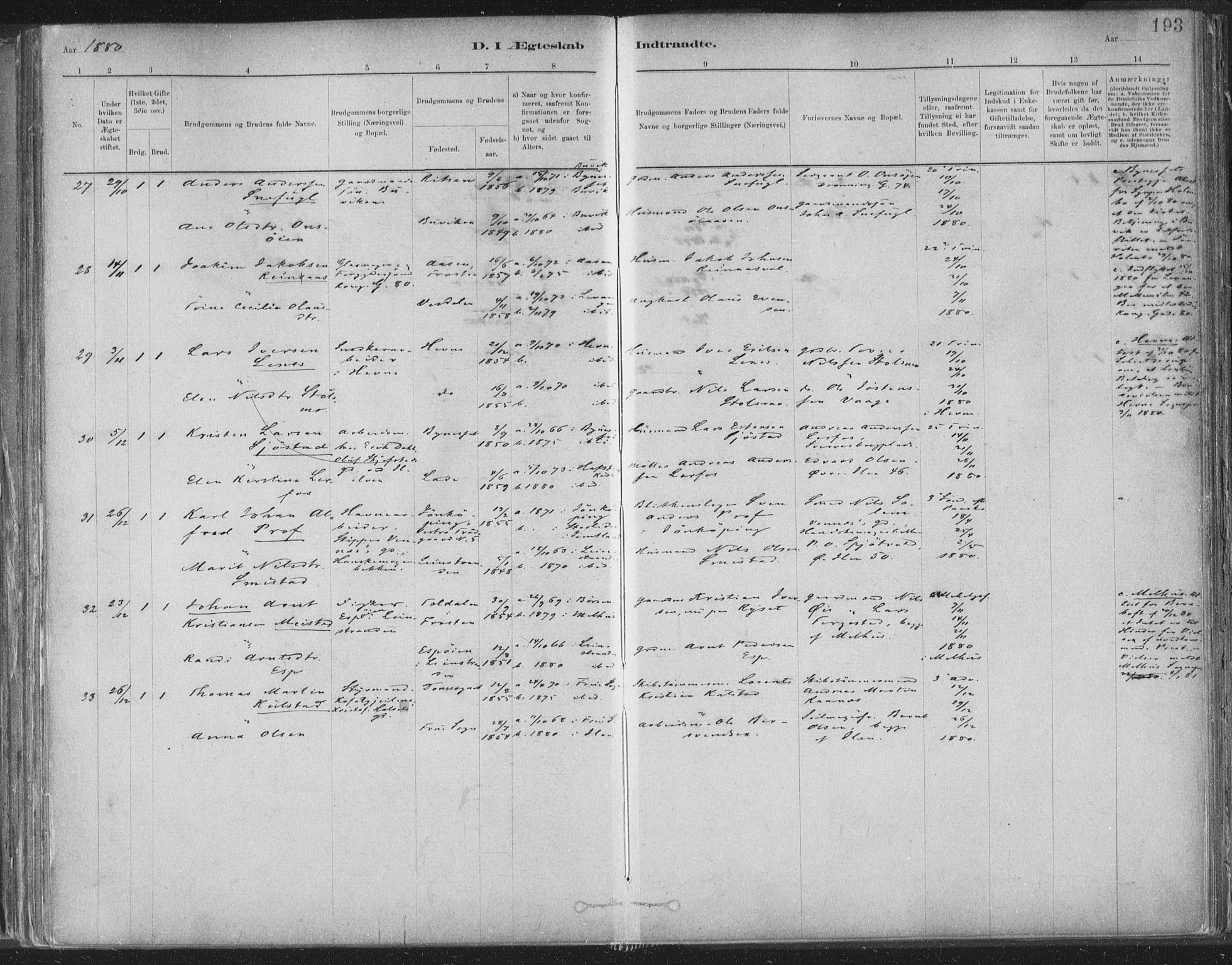 Ministerialprotokoller, klokkerbøker og fødselsregistre - Sør-Trøndelag, AV/SAT-A-1456/603/L0162: Parish register (official) no. 603A01, 1879-1895, p. 193