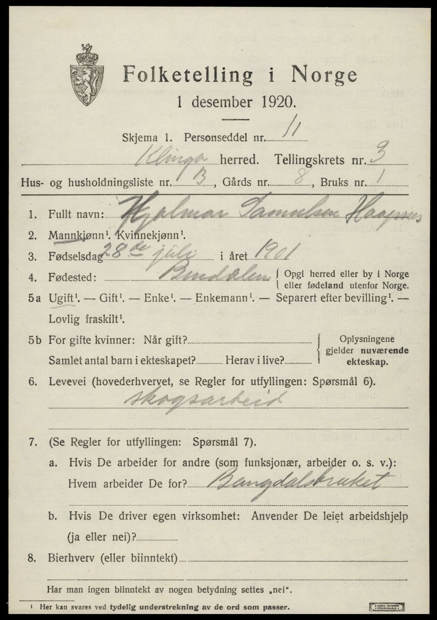 SAT, 1920 census for Klinga, 1920, p. 2105