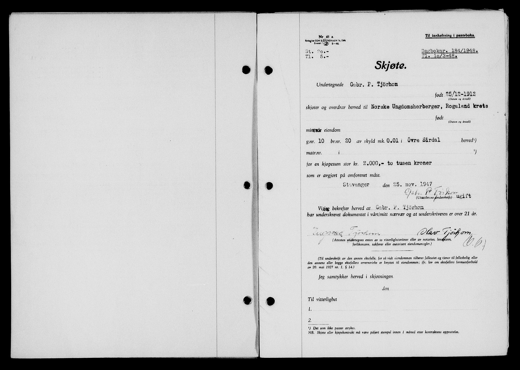 Flekkefjord sorenskriveri, AV/SAK-1221-0001/G/Gb/Gba/L0063: Mortgage book no. A-11, 1947-1948, Diary no: : 184/1948