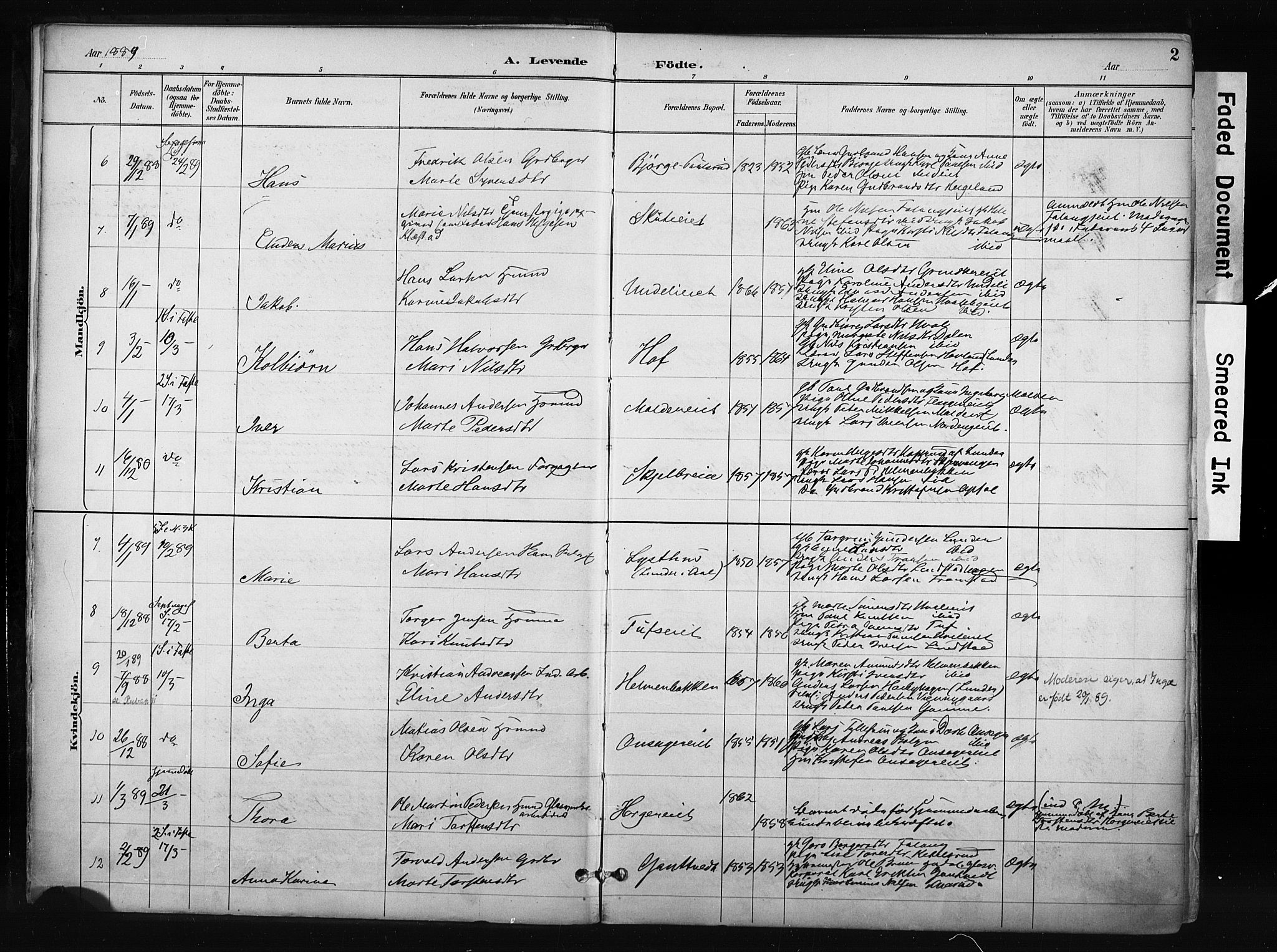 Gran prestekontor, SAH/PREST-112/H/Ha/Haa/L0017: Parish register (official) no. 17, 1889-1897, p. 2