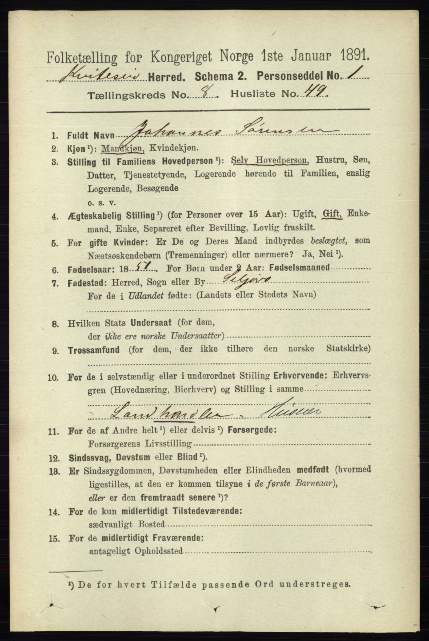 RA, 1891 census for 0829 Kviteseid, 1891, p. 1905