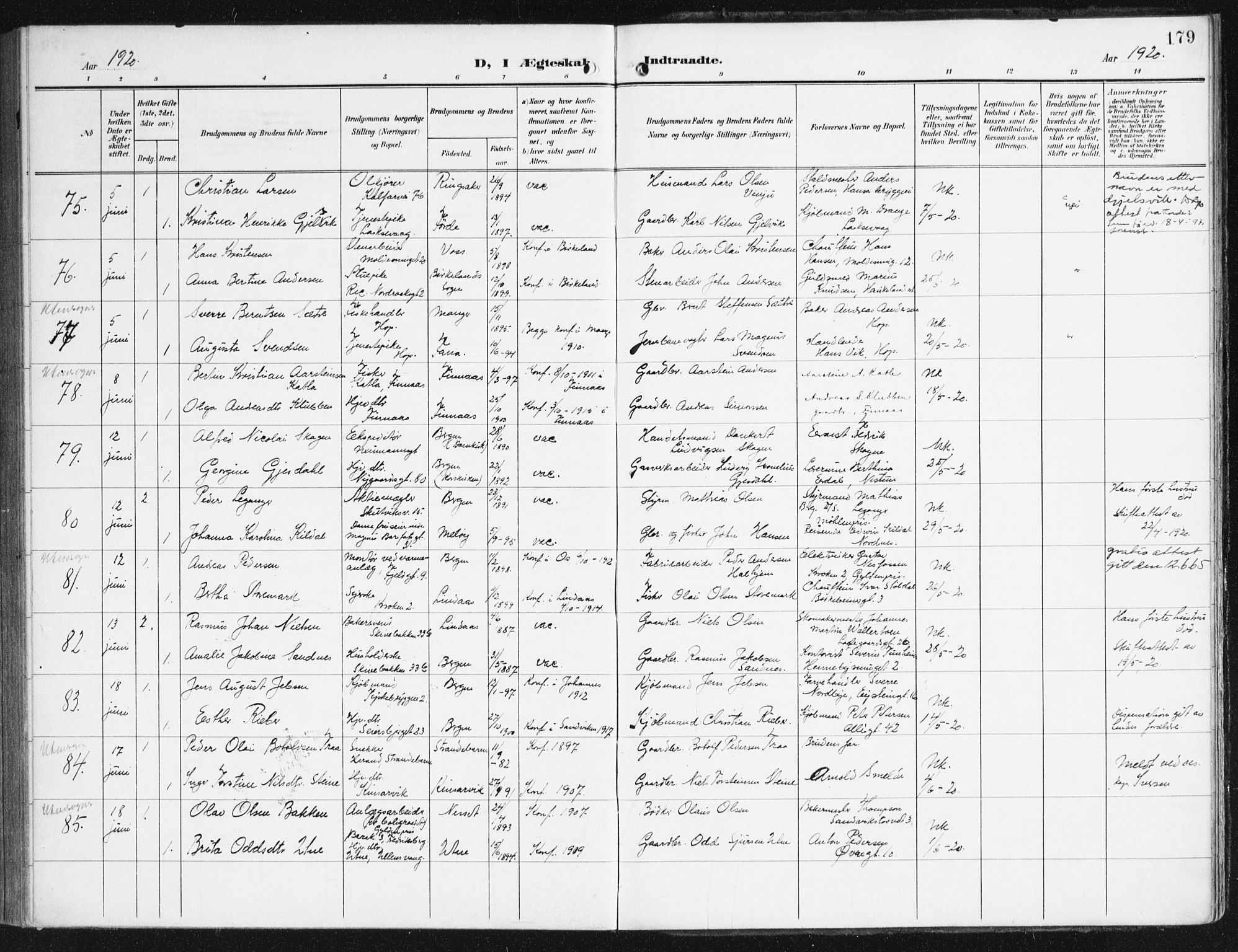 Domkirken sokneprestembete, AV/SAB-A-74801/H/Haa/L0038: Parish register (official) no. D 5, 1906-1921, p. 179