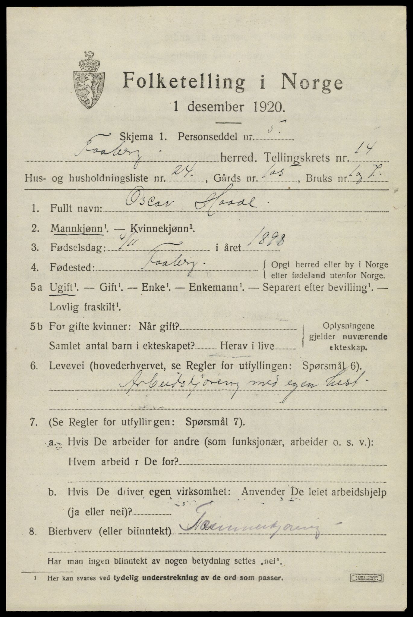 SAH, 1920 census for Fåberg, 1920, p. 15044