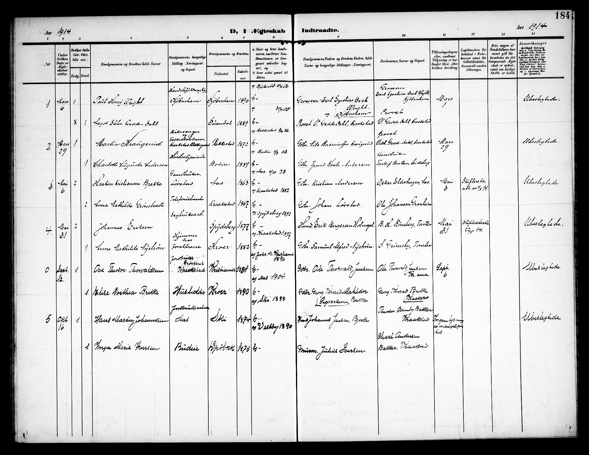 Kråkstad prestekontor Kirkebøker, AV/SAO-A-10125a/G/Ga/L0002: Parish register (copy) no. I 2, 1905-1934, p. 184