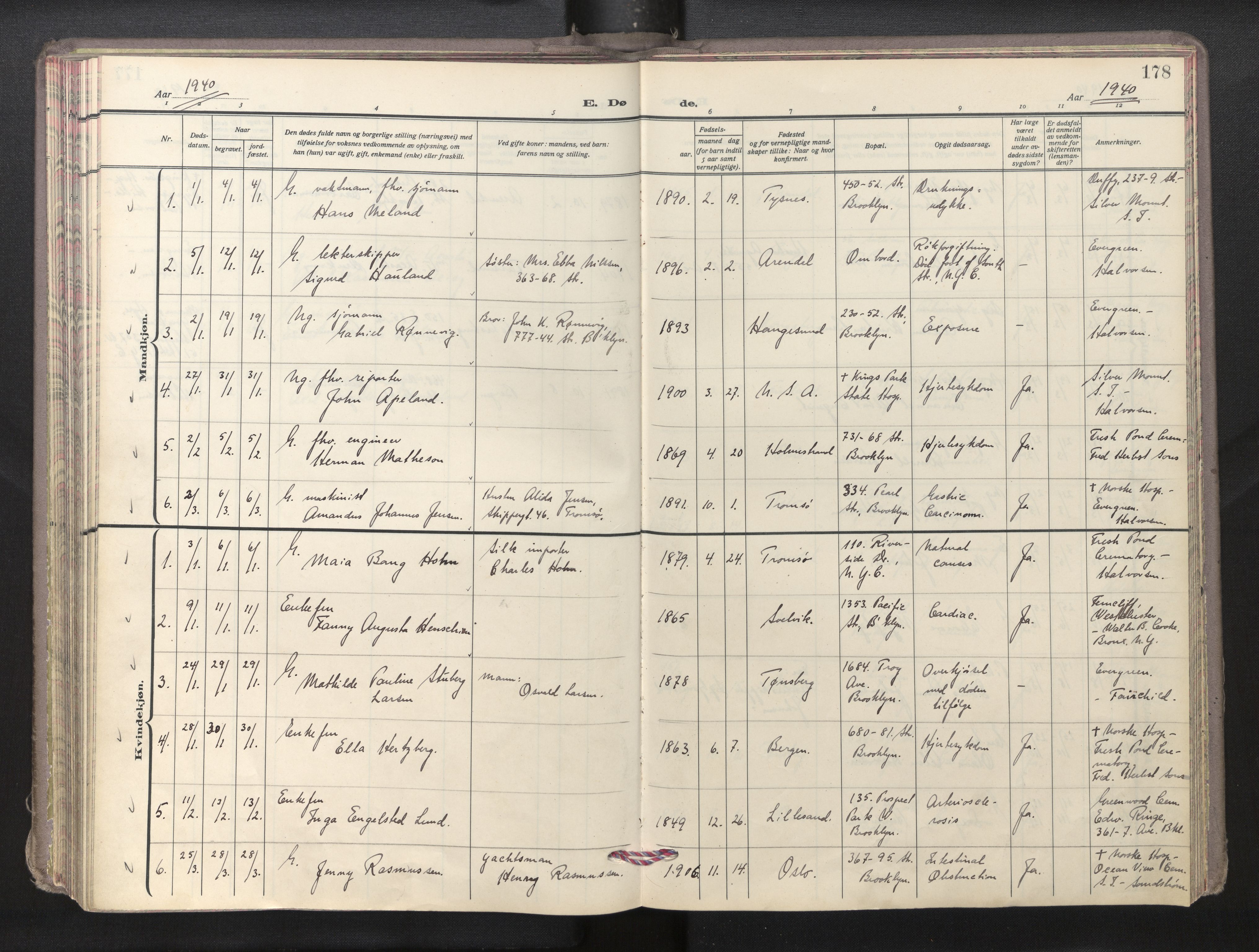 Den norske sjømannsmisjon i utlandet/New York, AV/SAB-SAB/PA-0110/H/Ha/L0009: Parish register (official) no. A 9, 1935-1945, p. 177b-178a
