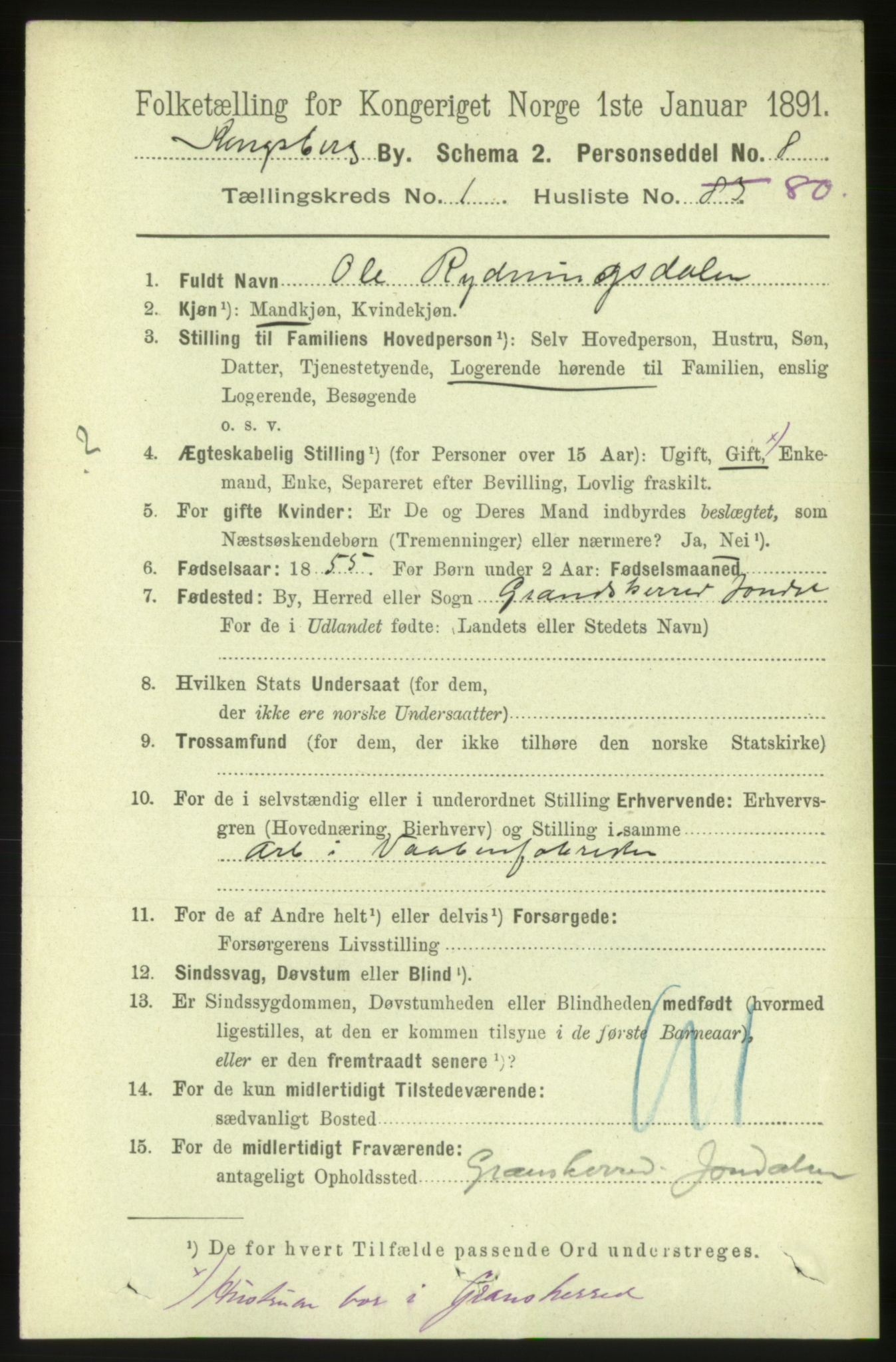 RA, 1891 census for 0604 Kongsberg, 1891, p. 2222