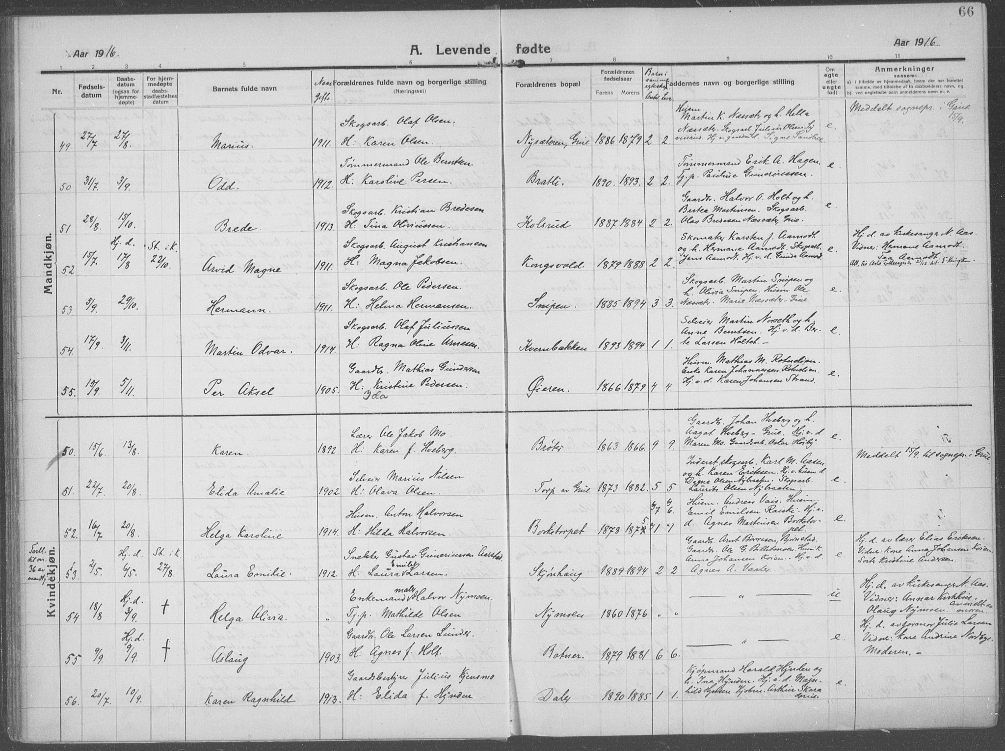Brandval prestekontor, AV/SAH-PREST-034/H/Ha/Haa/L0004: Parish register (official) no. 4, 1910-1924, p. 66