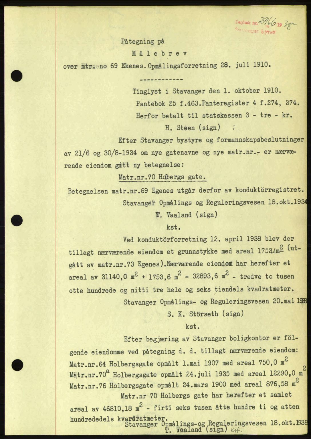 Stavanger byrett, SAST/A-100455/002/G/Gb/L0014: Mortgage book no. A4, 1938-1939, Diary no: : 2966/1938