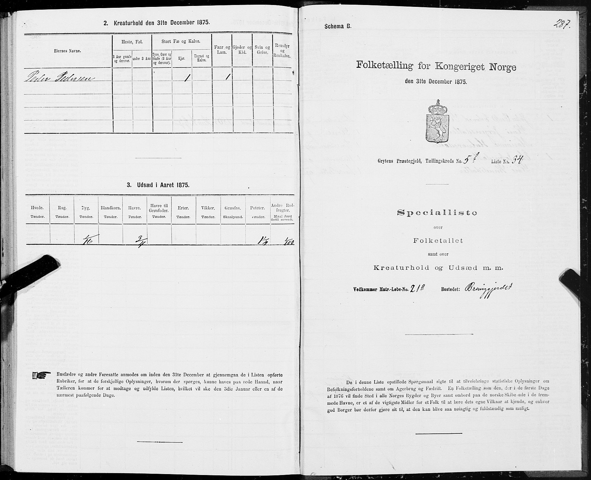 SAT, 1875 census for 1539P Grytten, 1875, p. 2287